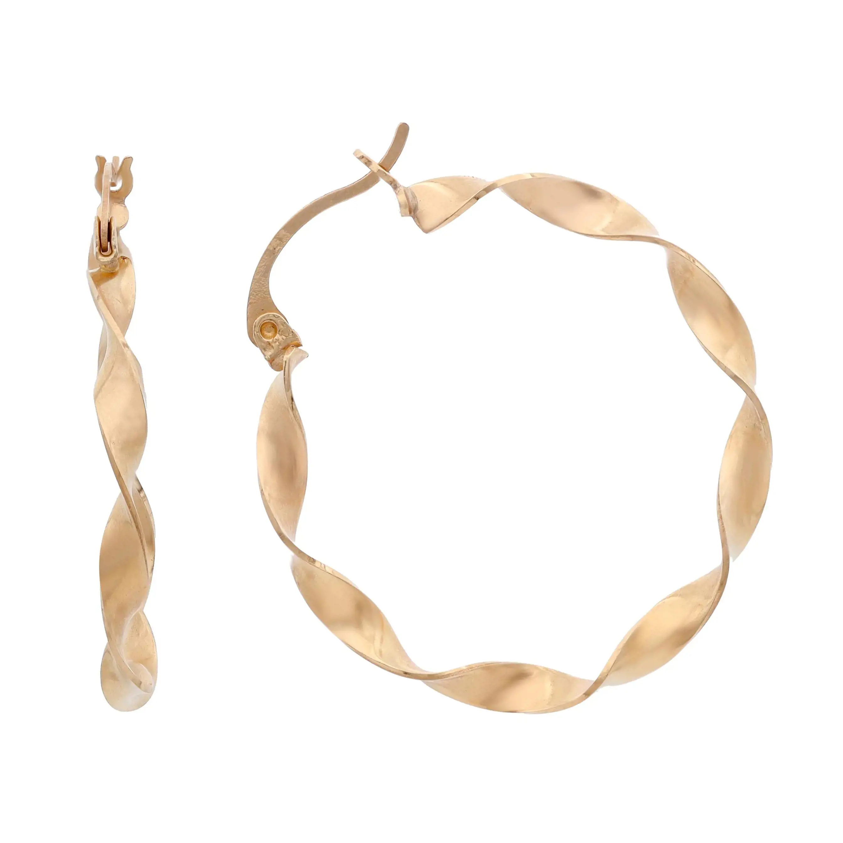 An image of a women's twisted hoop hollow 14k yellow gold earring without stones from the brand Rachel Koen. The earring is showcased in two views: on the left, a side view displaying its twisted, wave-like design; on the right, a front view revealing its circular shape. The earring is photographed against a white background, allowing for a clear and detailed view from a close distance.Excellent pre-owned condition. 