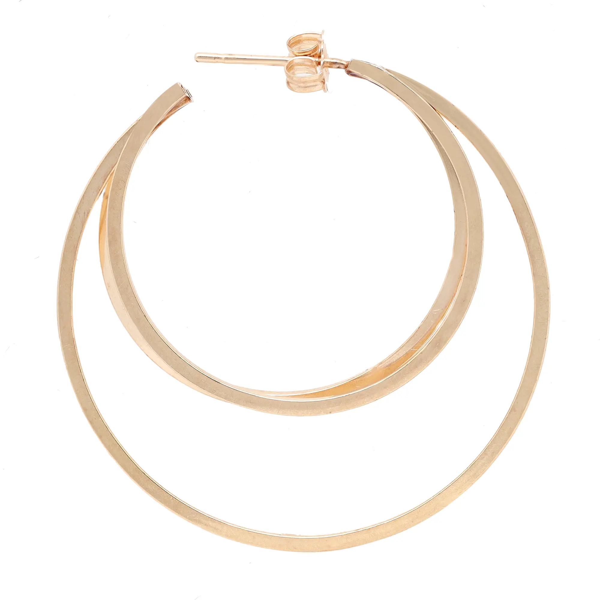 An image of a women's earring without stones by Rachel Koen. The earring is presented in a close-up view against a white background, showcasing its elegant, circular hoop design. It is positioned slightly tilted, with the post and clasp visible at the top right corner. The smooth, metallic finish reflects light subtly, emphasizing its sleek and simple design.Excellent pre-owned condition. 
