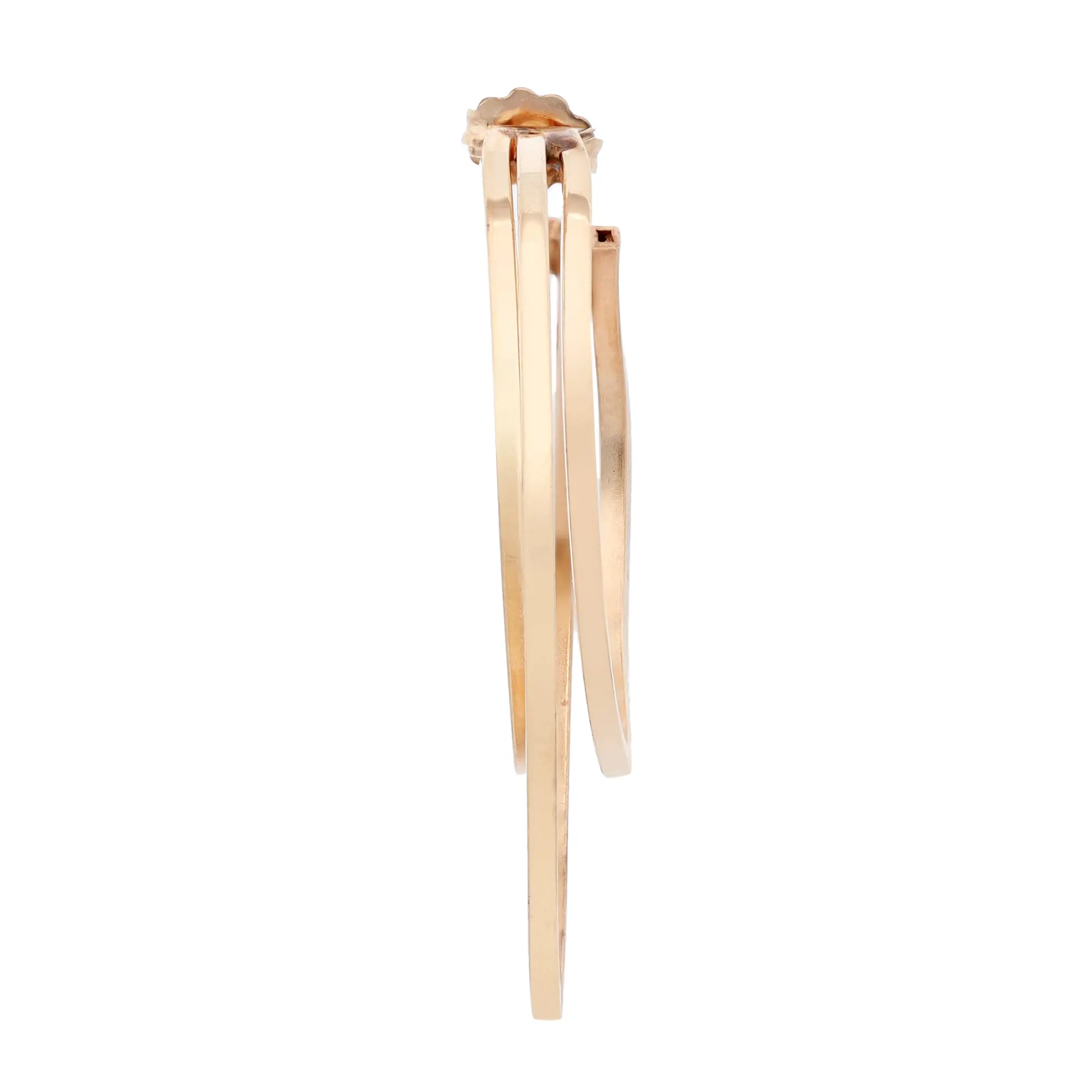 An image of a women's earring without stones by Rachel Koen, shown from a side angle. The earring is positioned vertically, displaying its sleek, elongated design. The photo captures the earring at a close distance, highlighting its smooth, metallic finish and elegant curves.Excellent pre-owned condition. 