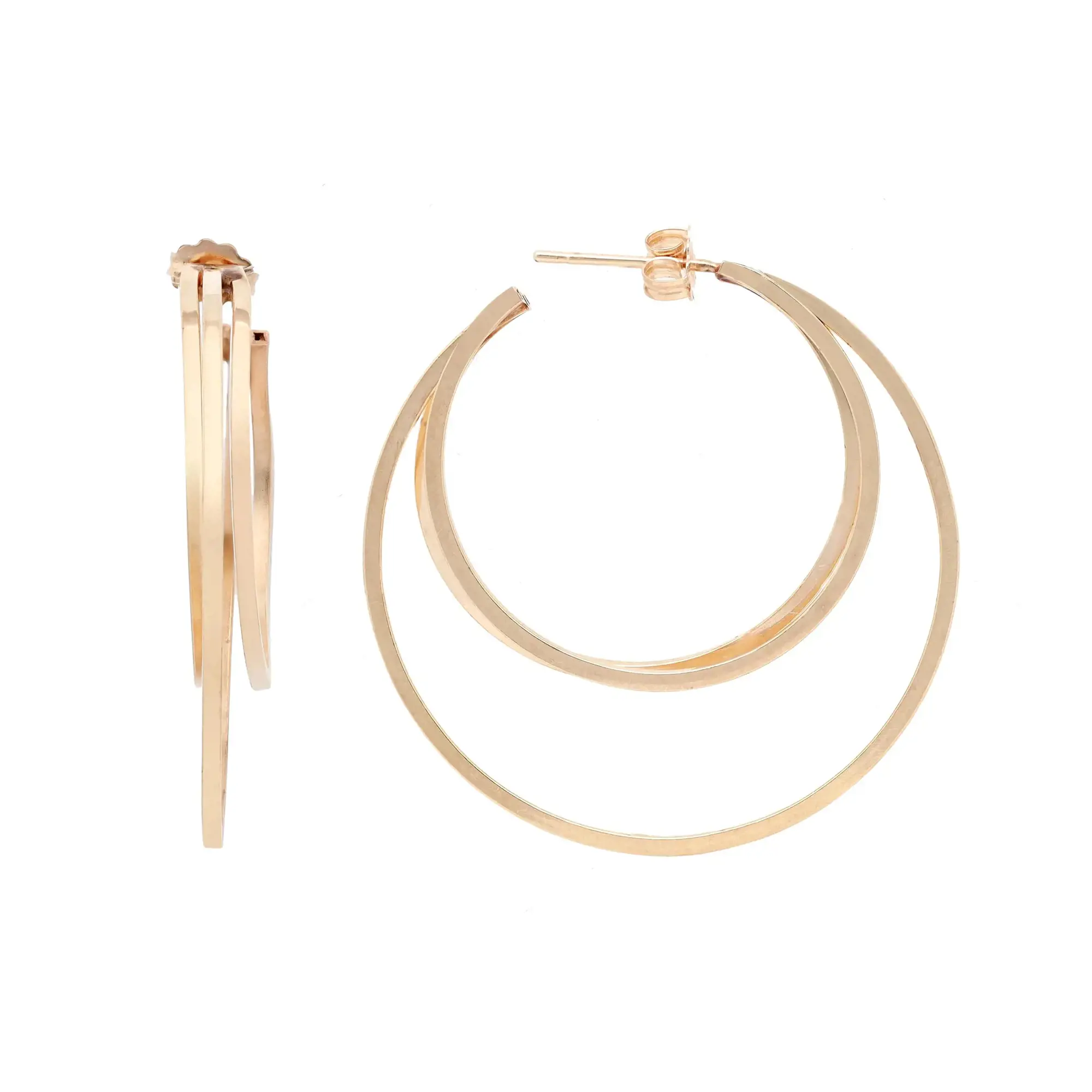 An image of a pair of women's three row hollow hoop 14k yellow gold earrings without stones by Rachel Koen. The earrings are shown from two angles: the left earring is positioned side-on, displaying its slim profile, while the right earring is front-facing, highlighting its circular design. The image captures the earrings at close range against a plain background, emphasizing their elegant, minimalist appearance.Excellent pre-owned condition. 