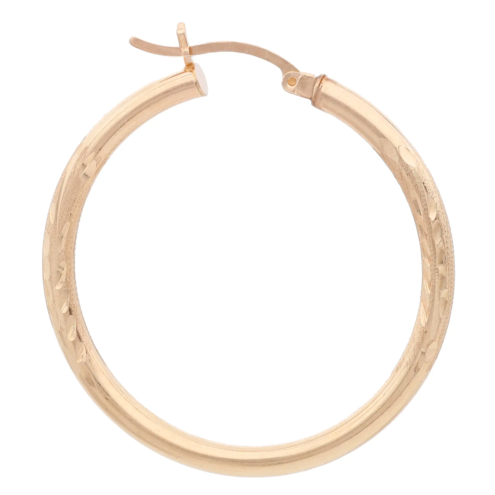 An image of a gold hoop earring without stones, designed for women by Rachel Koen. The earring is viewed from the front at a slight angle, showcasing its smooth, polished surface and subtle engraved detailing. The image is taken from a close distance, highlighting the clasp and the circular shape.Excellent pre-owned condition. 