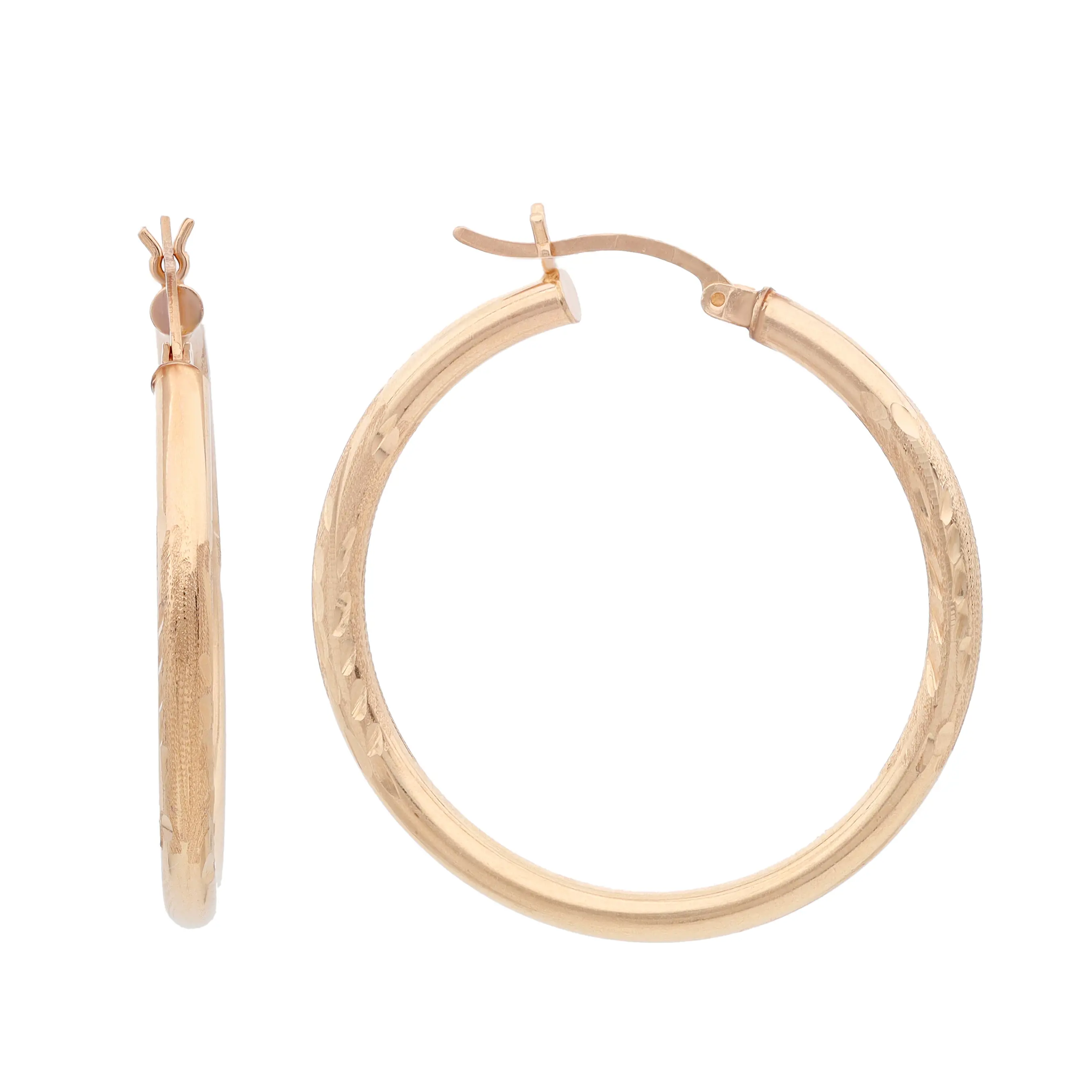 An image of a pair of women's textured medium round hoop 14k yellow gold earrings without stones by Rachel Koen. The left earring is shown from a side angle, displaying its circular shape and smooth surface. The right earring is positioned facing forward, highlighting its detailed texture and round design. The image is taken from a close-up perspective, emphasizing the simple yet elegant style of the earrings. Excellent pre-owned condition. 