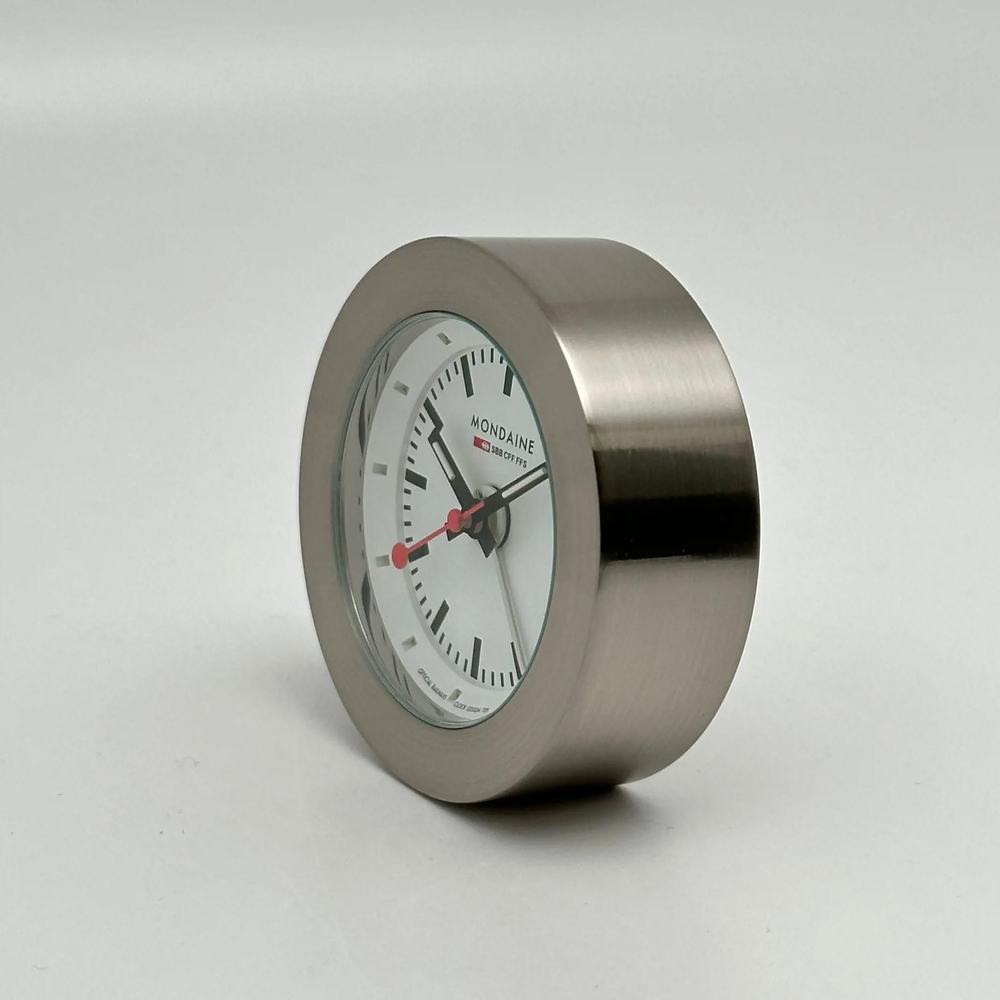 Mondaine 48mm Steel White Dial Travel Alarm Clock Night Vision A992