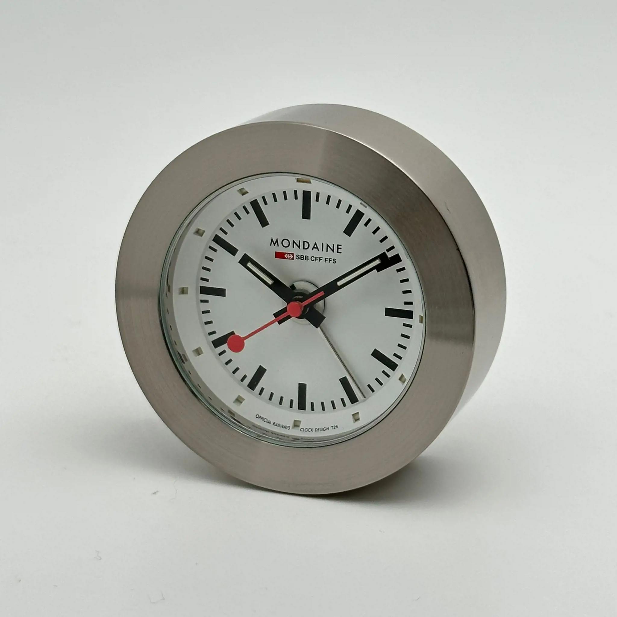 Mondaine 48mm Steel White Dial Travel Alarm Clock Night Vision A992.TRUK.16SBB