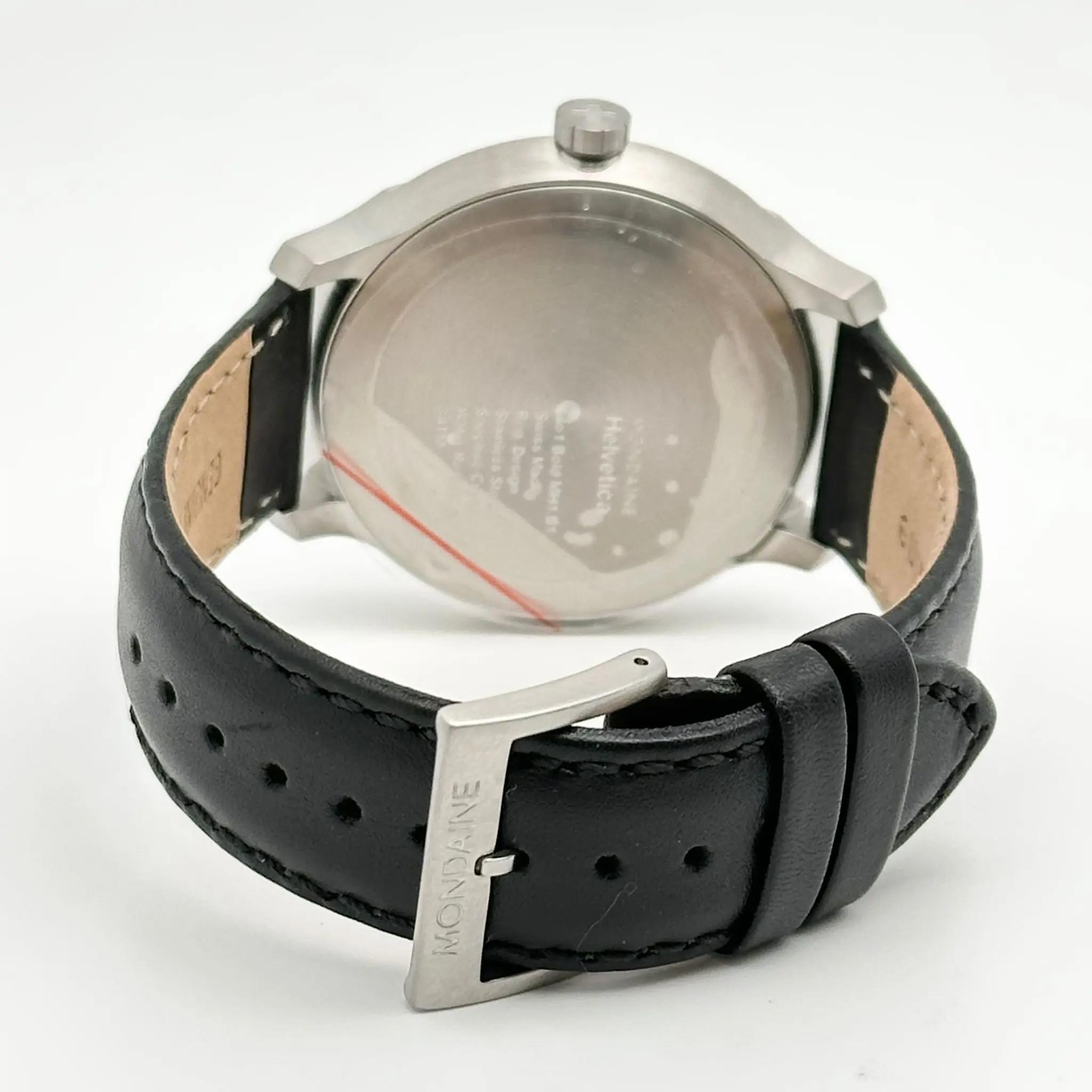 Back View Of Snap Back Case And Closed Leather Band Of Mondaine MH1.B1220.LB Watch Display Model Condition