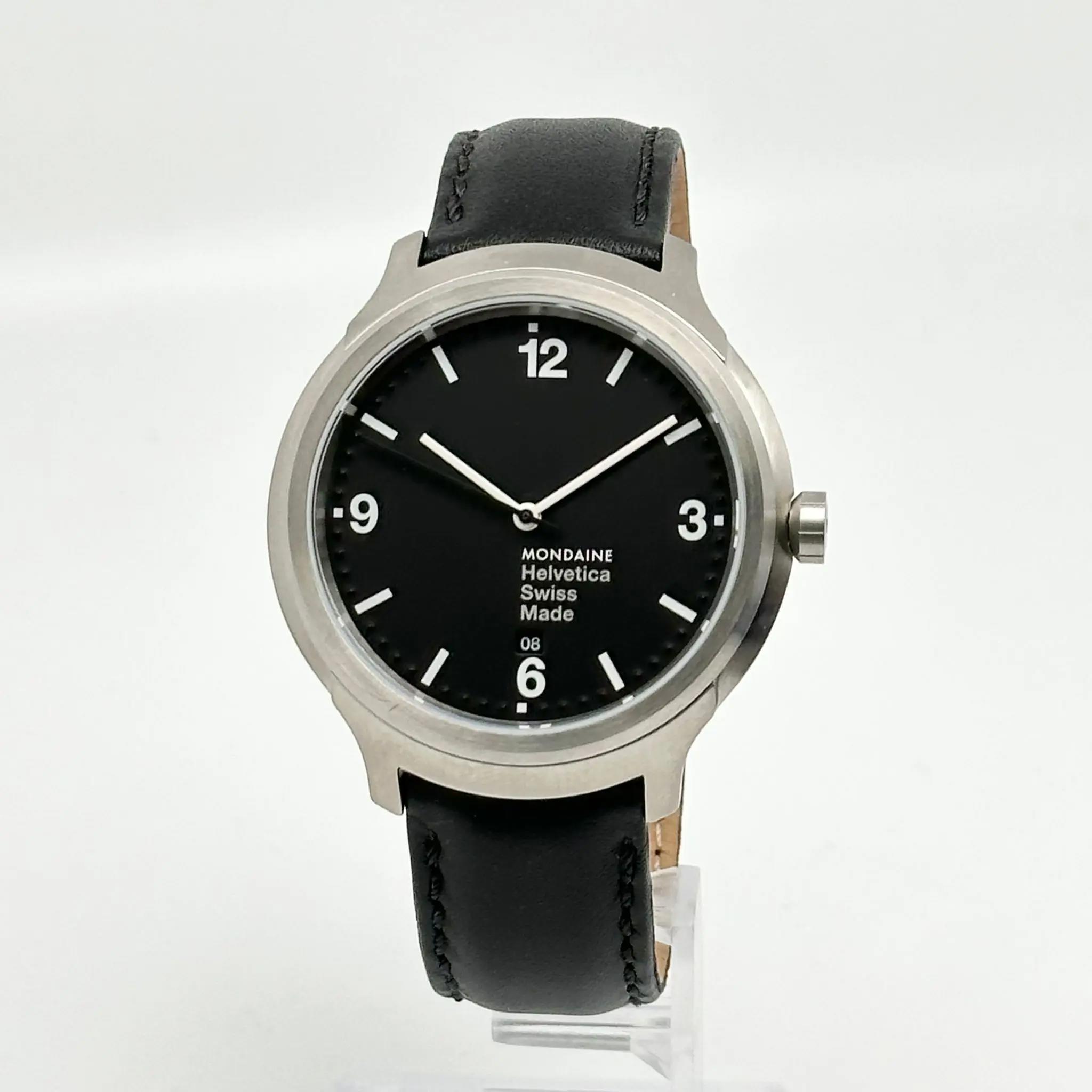 Up Close Front Facing Picture Of Mondaine MH1.B1220.LB Stainless Steel Watch Display Model Condition