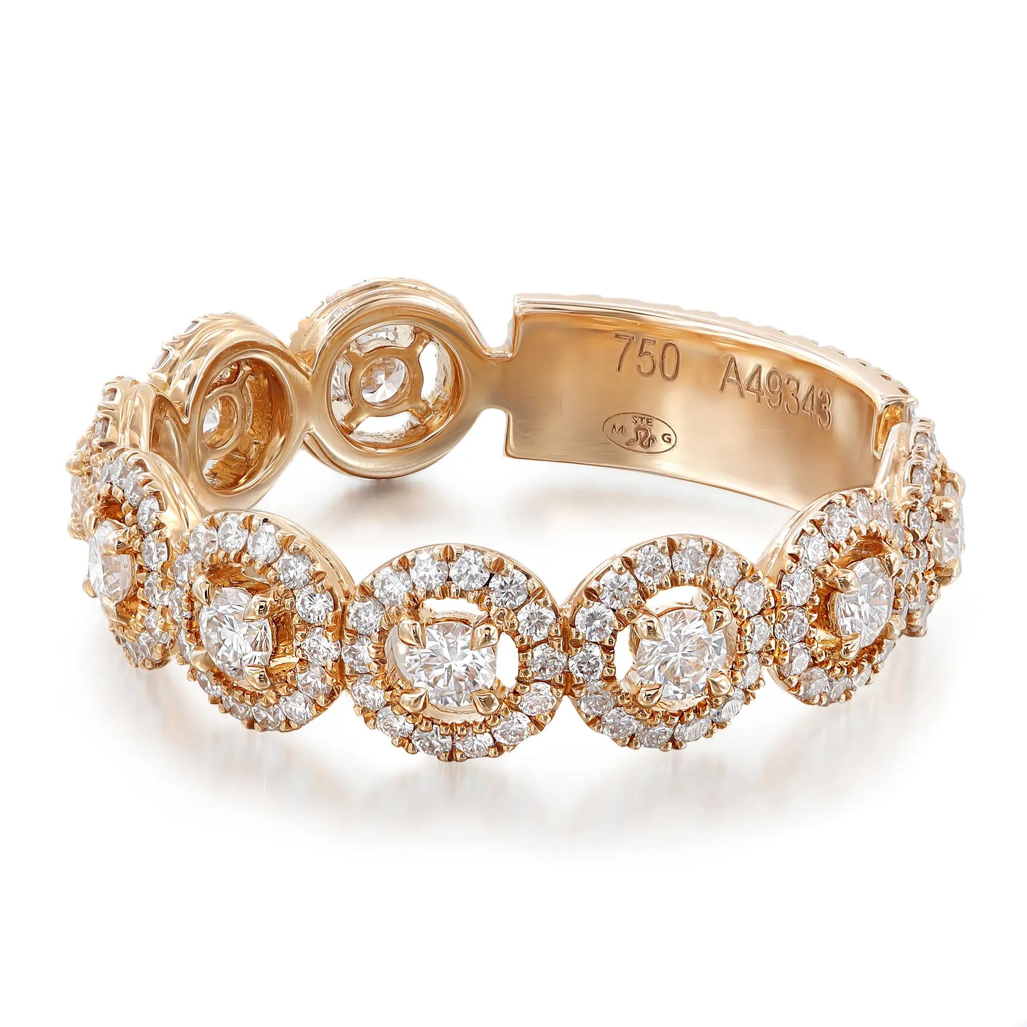 An image of a luxurious Messika women's ring with diamonds, showcased in a close-up front view. The ring is crafted in warm-toned rose gold metal, and features multiple circular settings adorned with brilliant-cut diamonds. Each setting is interconnected, creating a harmonious and elegant design. The diamonds are positioned to catch light from various angles, enhancing their sparkle. The brand's hallmark can be seen engraved inside the ring's band, indicating authenticity and craftsmanship.