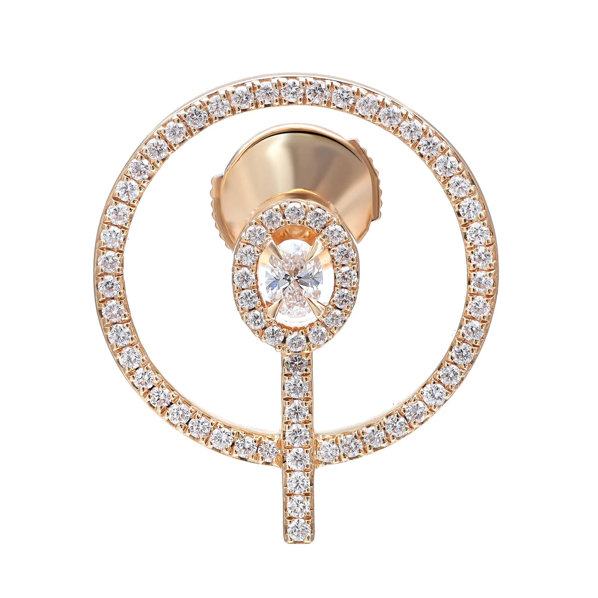 An image of a Messika women's earring with diamonds, showcasing a circular design with a central solitaire diamond encircled by two concentric rings of smaller diamonds. The earring is captured up close, in sharp focus, against a white background. It is positioned straight on to the camera, allowing all angles and the intricate design details to be clearly visible. The earring is seen from a medium distance, providing a clear view of the diamonds' sparkle and the gold setting.