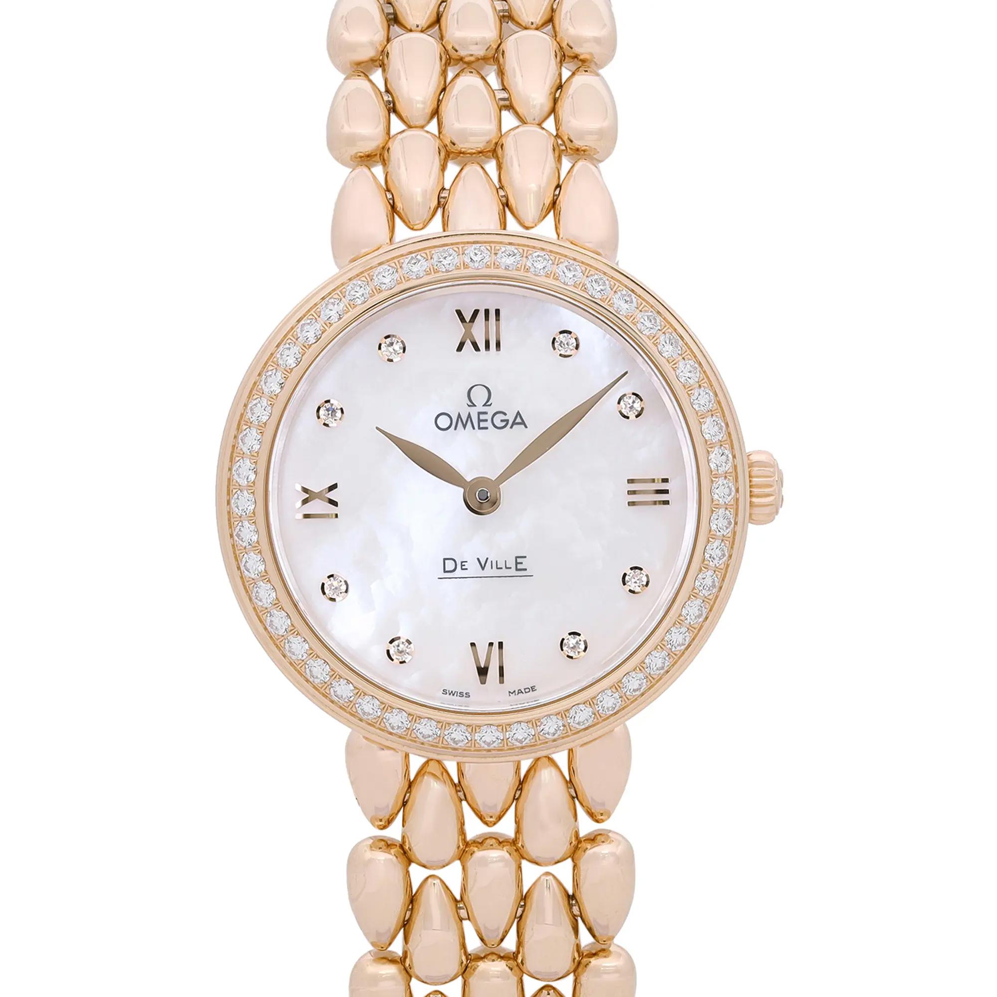 An image of a wristwatch taken from a front close-up angle, showcasing the watch face prominently. The timepiece displays a round dial with Roman numerals and diamond hour markers. The bezel is adorned with small diamonds, and the watch has a polished, linked bracelet. The watch is a display model, emphasizing its pristine condition.