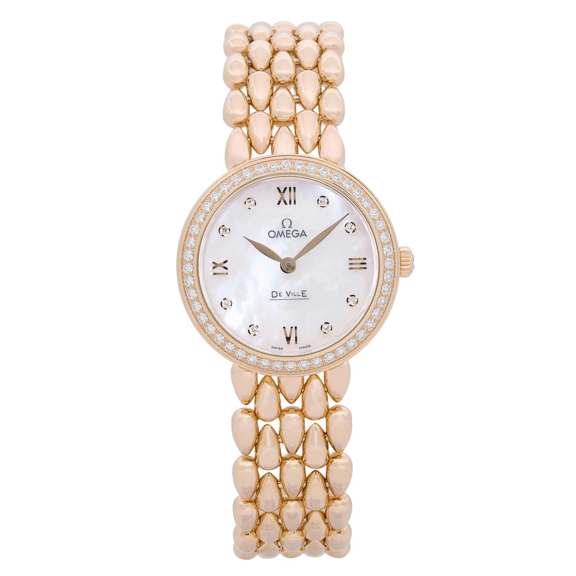 An image of a wristwatch taken from a front full frontal view. The watch features a round face with Roman numerals and a diamond-studded bezel. The bracelet is composed of polished links, and the watch is in display model condition. The angle and position provide a clear and detailed view of the watch's face and band.