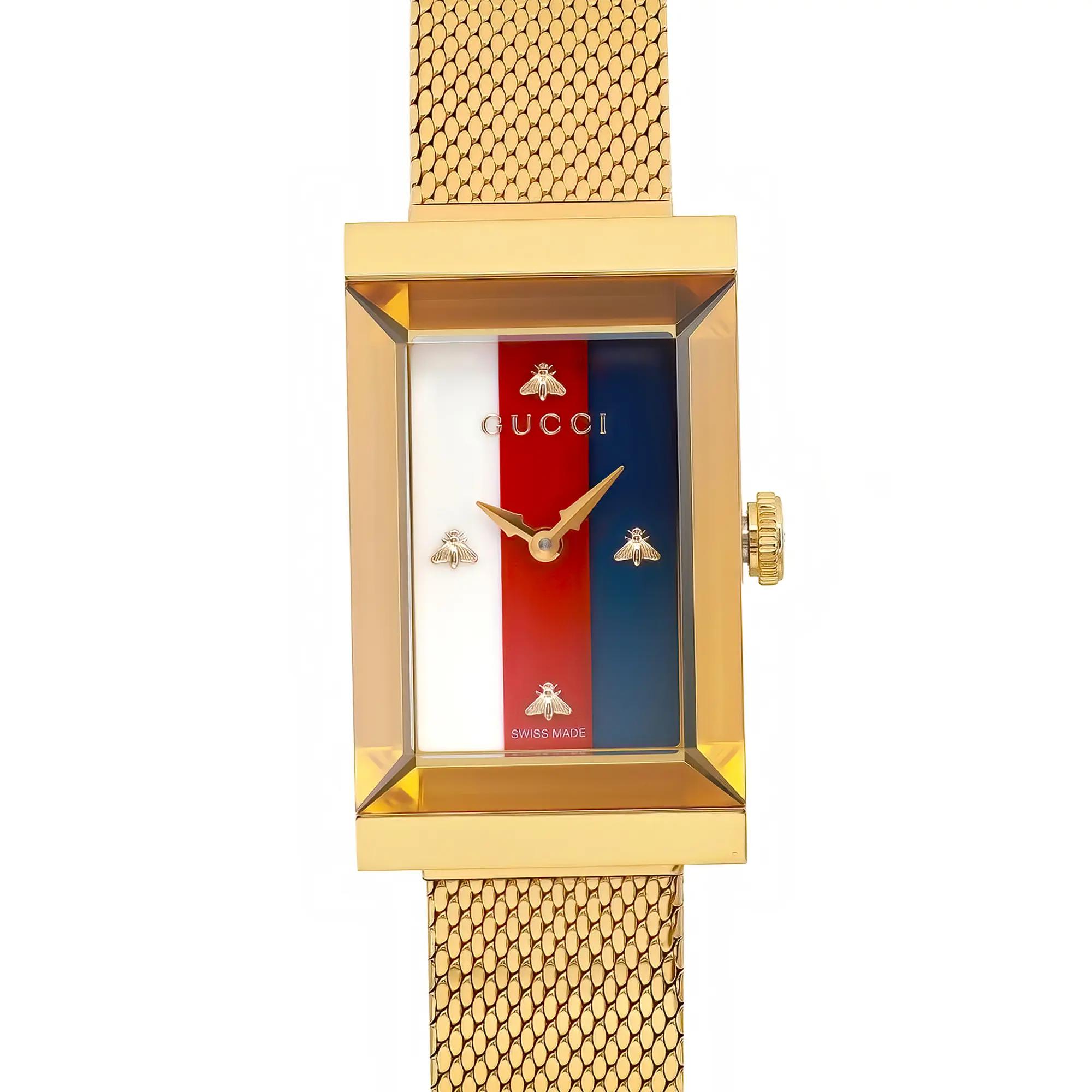 An Image of a Rectangular gold-tone wristwatch with a mesh bracelet, featuring a tricolor red, white, and blue face with brand logo and bee motifs. The watch has gold hands and is marked as Swiss made. Pre-owned condition with minimal wear marks. 