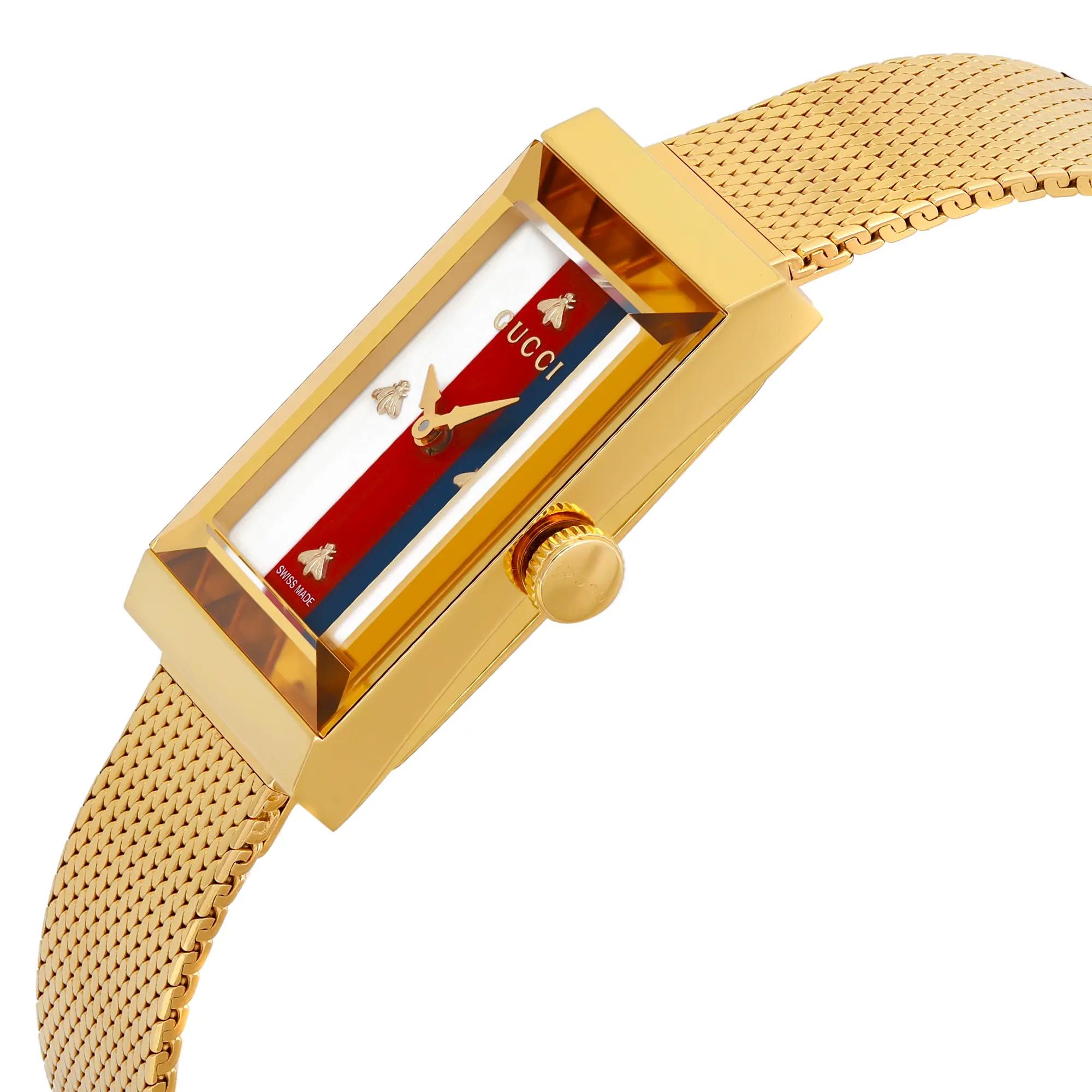 An Image of a Gold-toned rectangular wristwatch with a mesh bracelet, featuring a white dial with red and blue stripes, and brand logo at the center.Pre-owned condition minor scratches on the case.