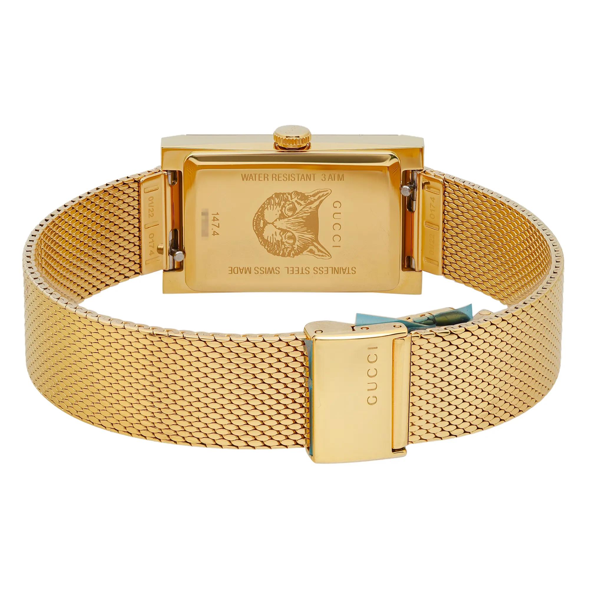 An Image depicting the rear view of gold-tone Gucci wristwatch with a rectangular case, mesh bracelet, and brand engraving on the clasp and case back.Pre-owned condition minor scratches on the case 