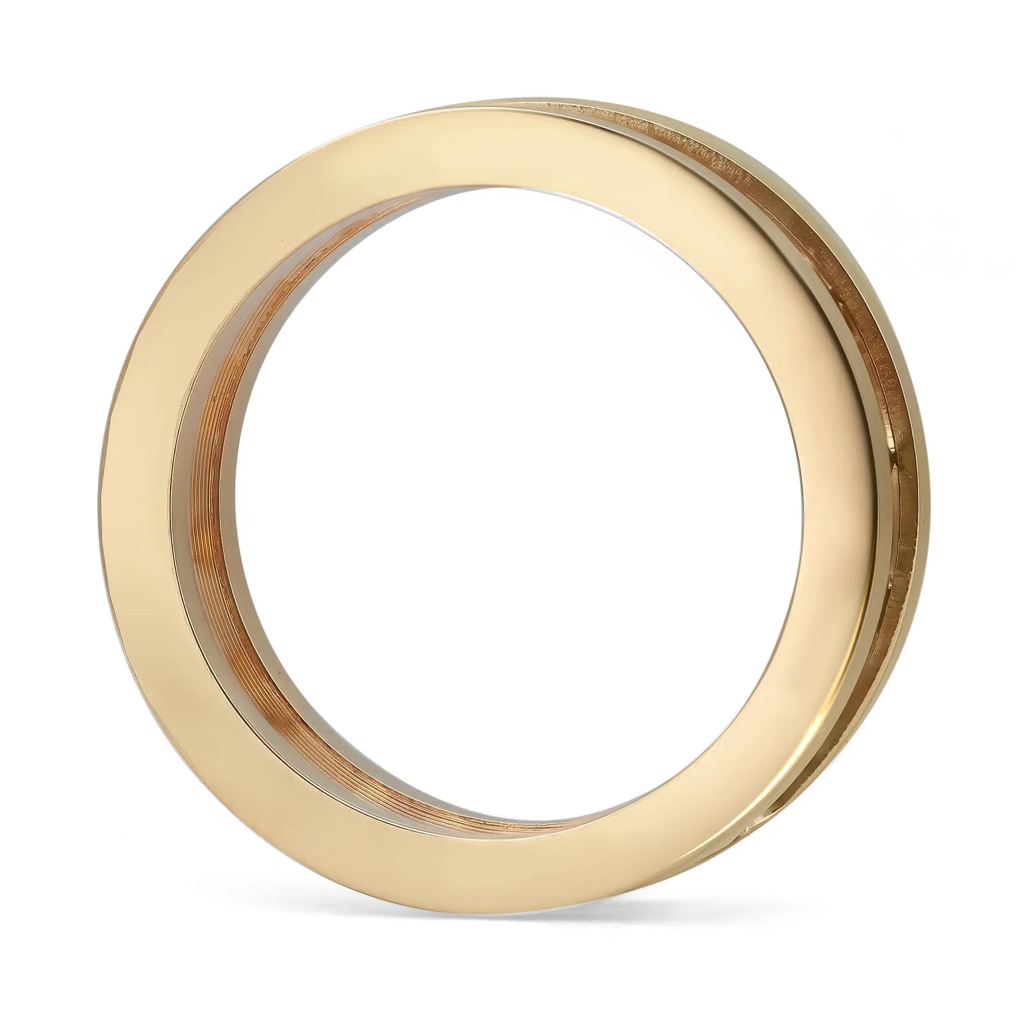 An image of a unisex adult Bvlgari B.Zero1 Openwork Logo Spiral ring without stones, displayed in a frontal view with a slight tilt, showcasing its entire circumference. The ring is positioned centrally against a white background, with even lighting that highlights its polished gold finish and the engraved brand details along the inner edges. The photo is taken from a medium distance, ensuring the ring's design and craftsmanship are clearly visible. The condition of the ring is new. 