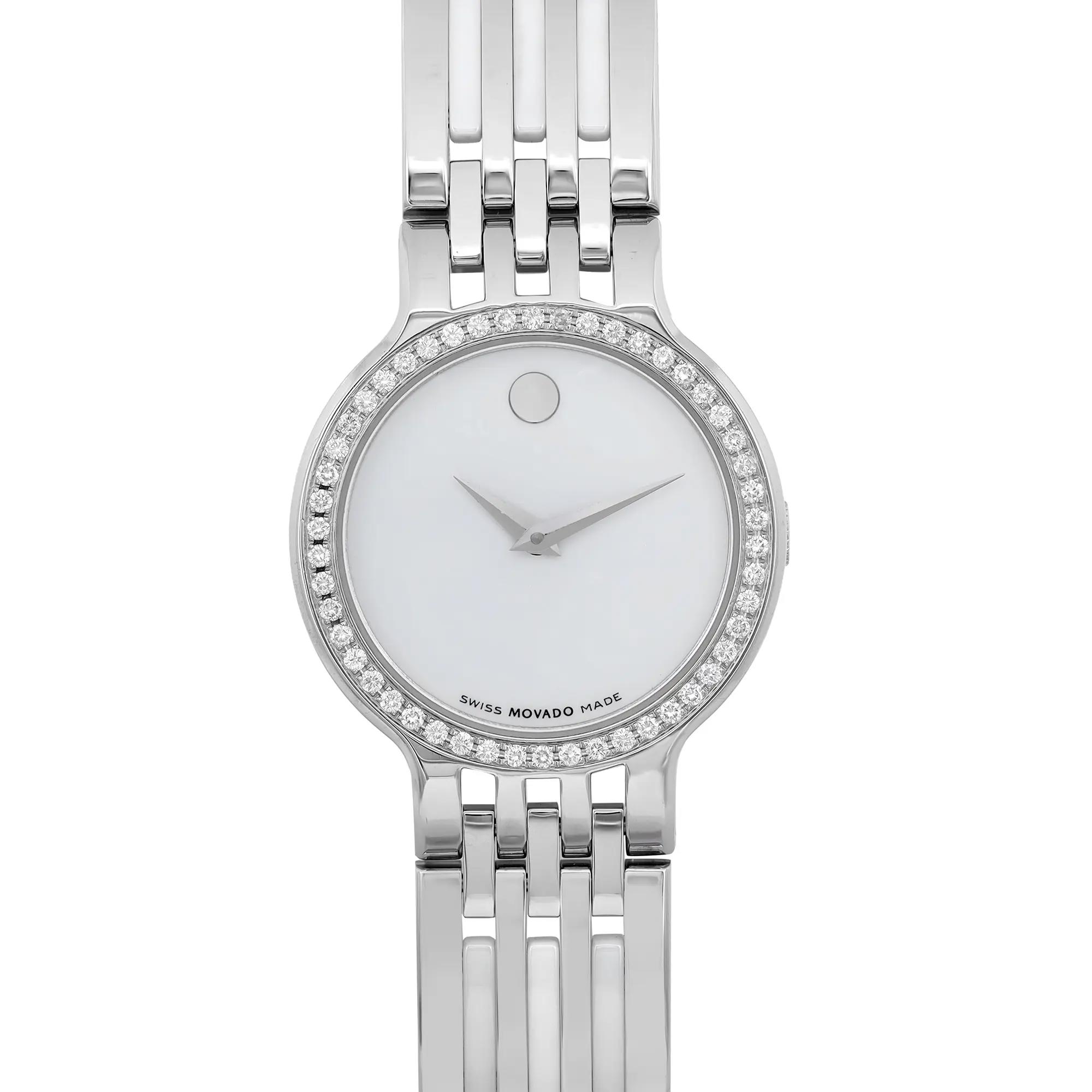 An image of a pre-owned women's Movado wristwatch, shown from a front close-up angle. The watch features a round, white dial with no hour marks, encased in a stainless steel case with a gray bezel. The band is made of ceramic and stainless steel. The watch is in good condition with a casual style.