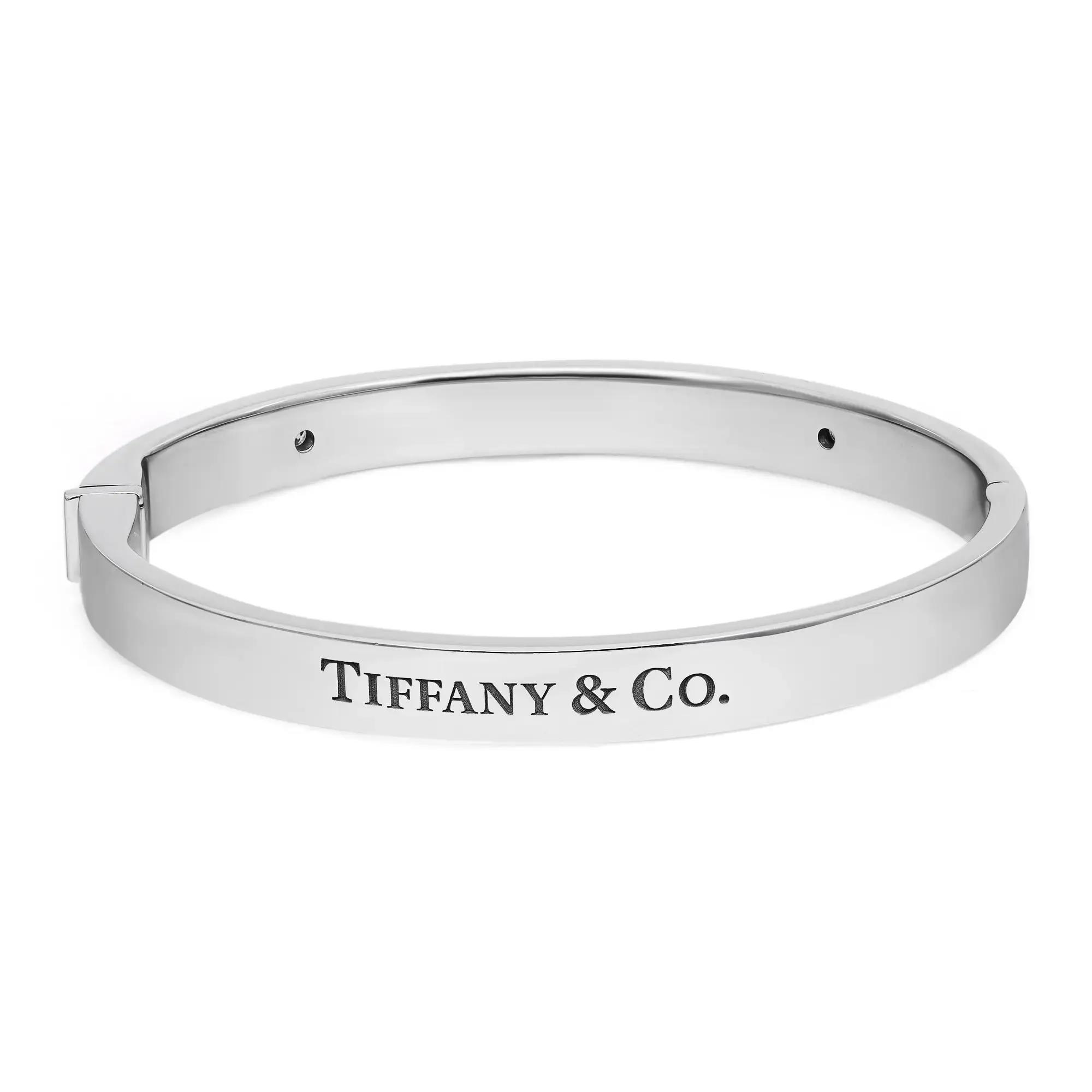 Tiffany & Co. Two Diamond Logo Hinged Bangle Bracelet 18K White