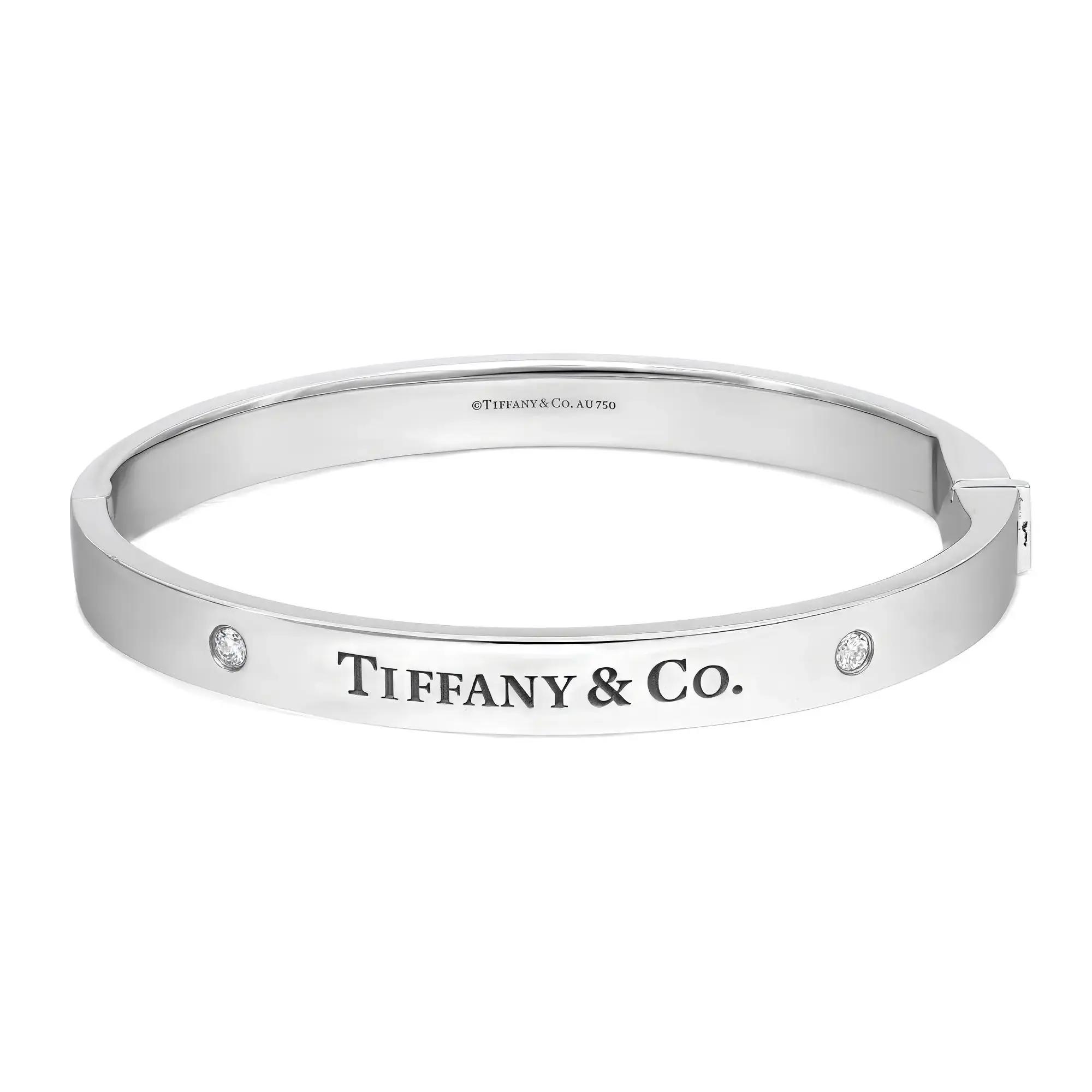 Tiffany & Co. Two Diamond Logo Hinged Bangle Bracelet 18K White 