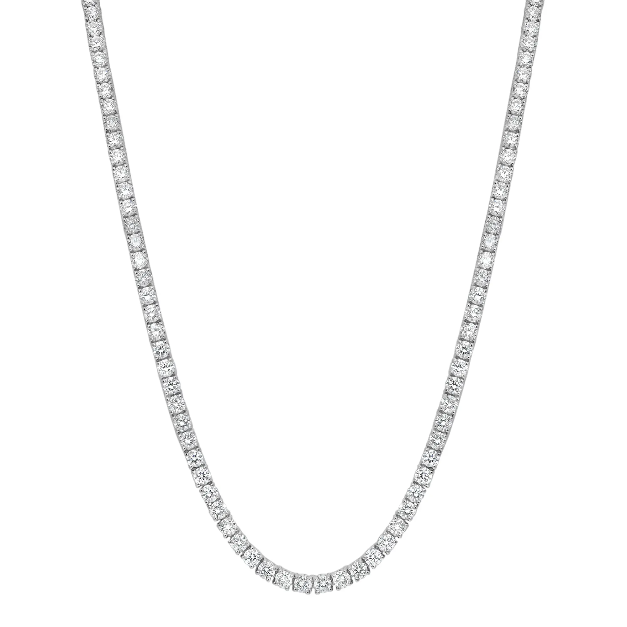 An image of a unisex adult necklace with diamonds by Rachel Koen, presented against a white background. The necklace is shown in a close-up frontal view, with the chain forming a slight curve at the bottom to suggest its natural drape. The round cut diamonds are set evenly along the entire length of the necklace in prong setting, sparkling in white gold, and the angle of the photograph captures the brilliance of the stones without any direct reflections.