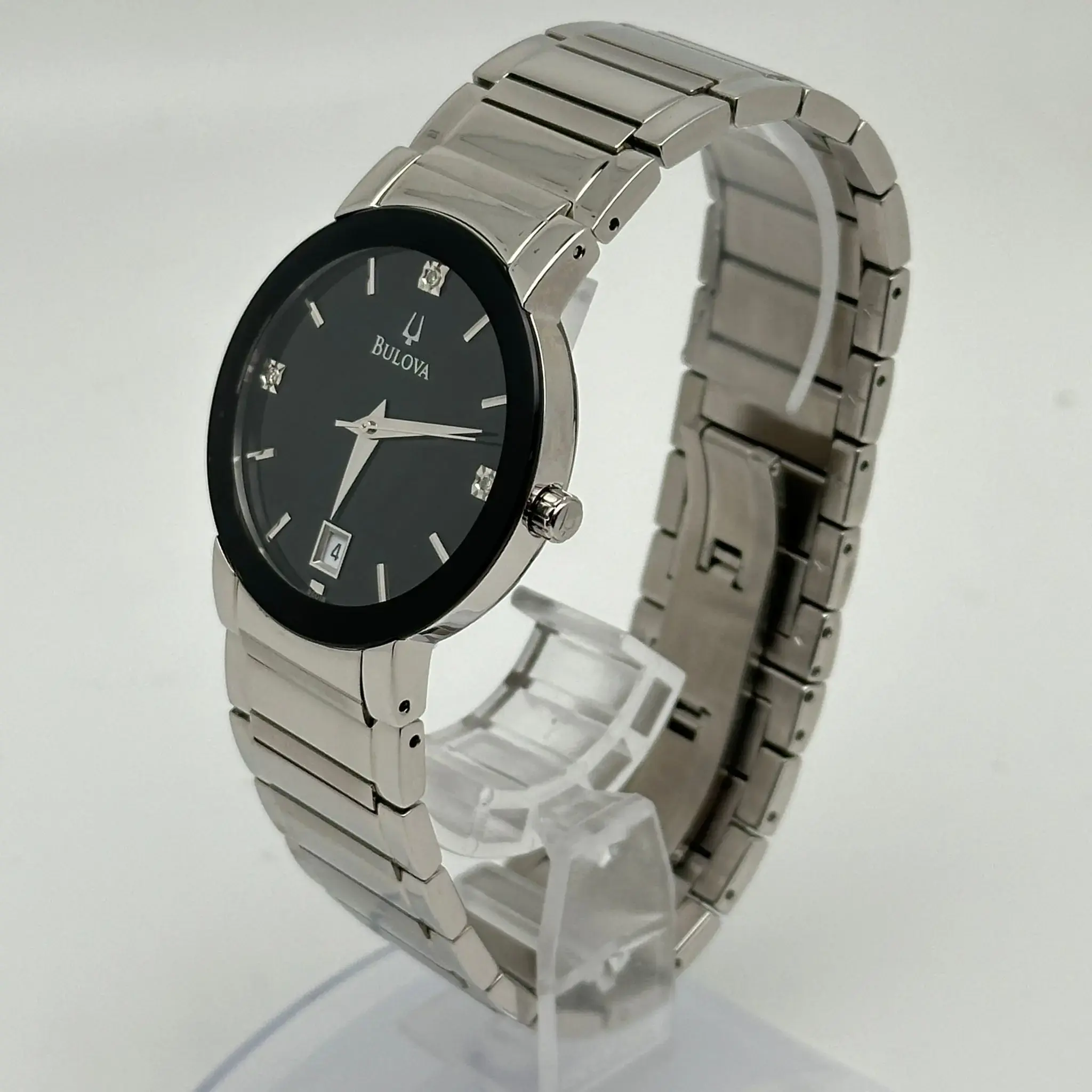 Bulova 35mm Stainless Steel Date Black Diamond Dial Mens