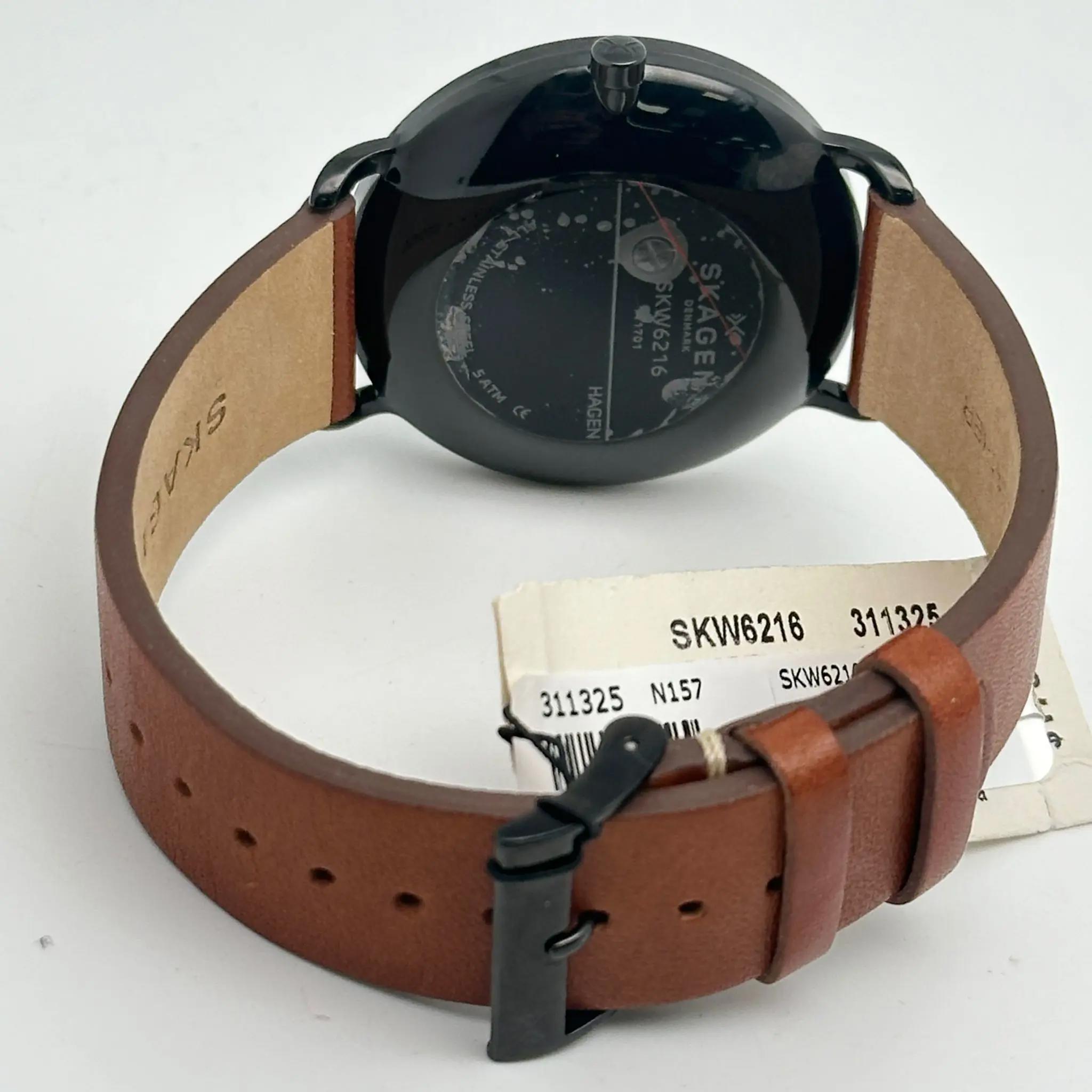 Skagen Hagen Black Steel White Dial Brown Leather Strap Men Quartz