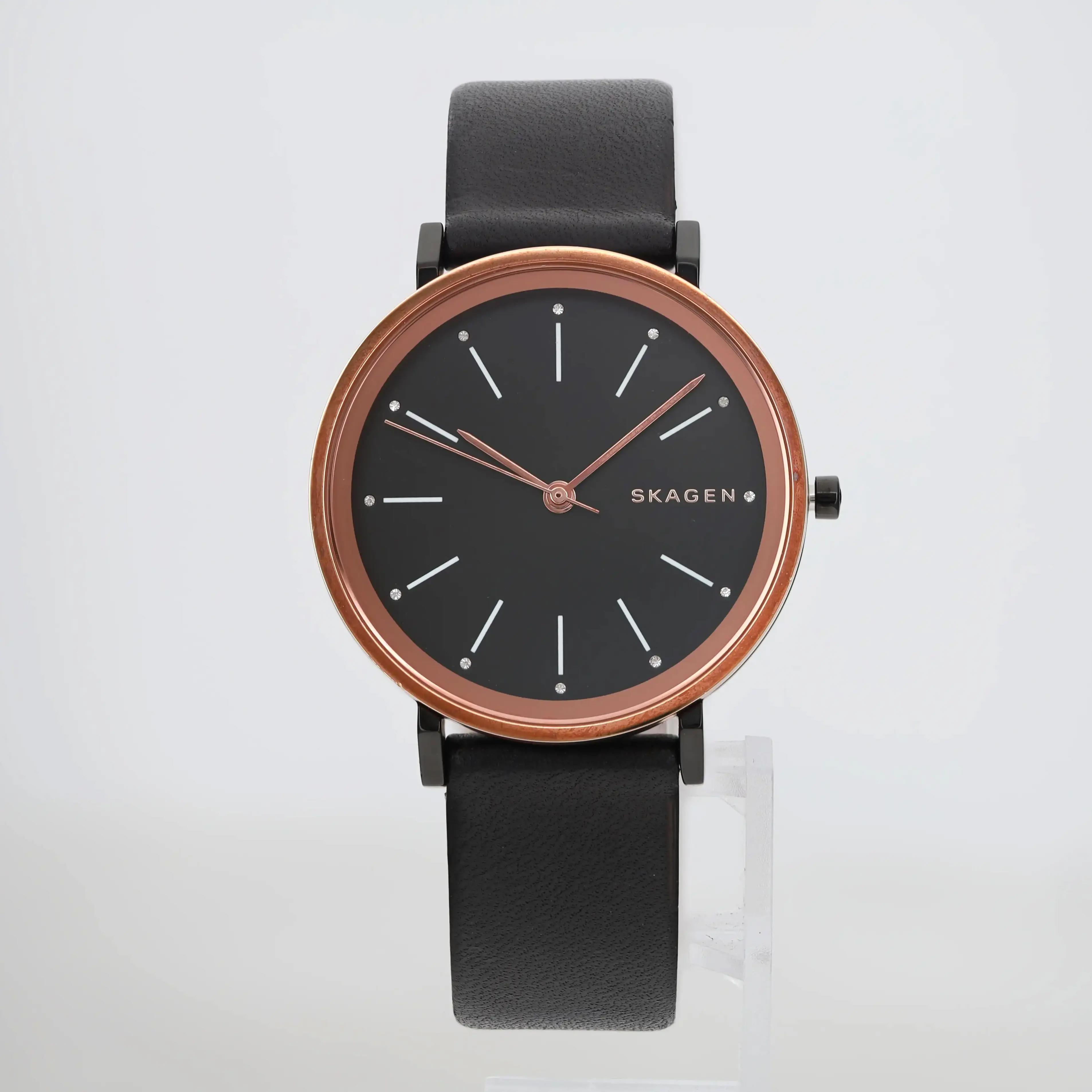 Skagen Hald Steel Rose Gold-Tone Black Dial Leather Strap Ladies