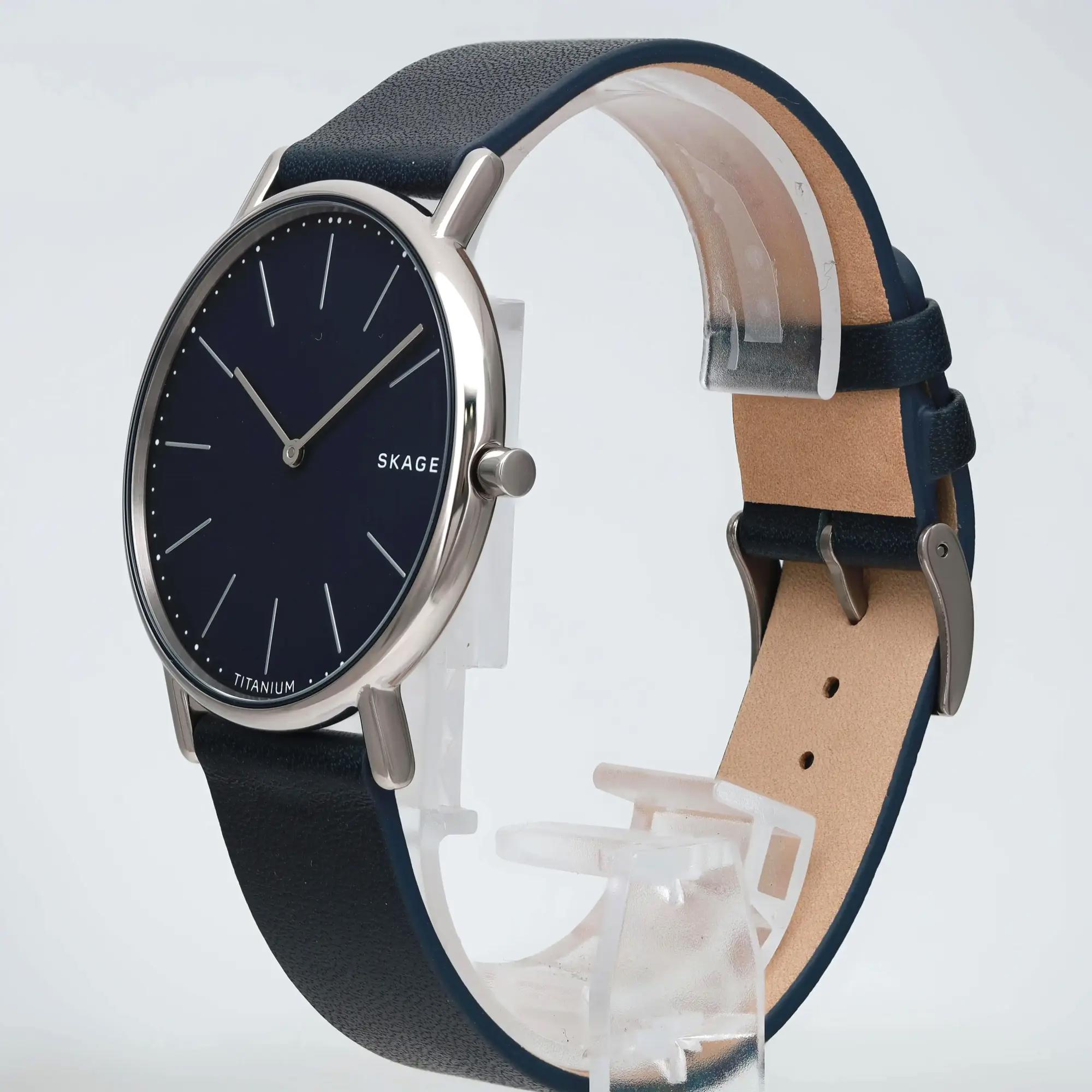 Skagen Signatur Titanium Blue Dial Leather Strap Mens Quartz Watch