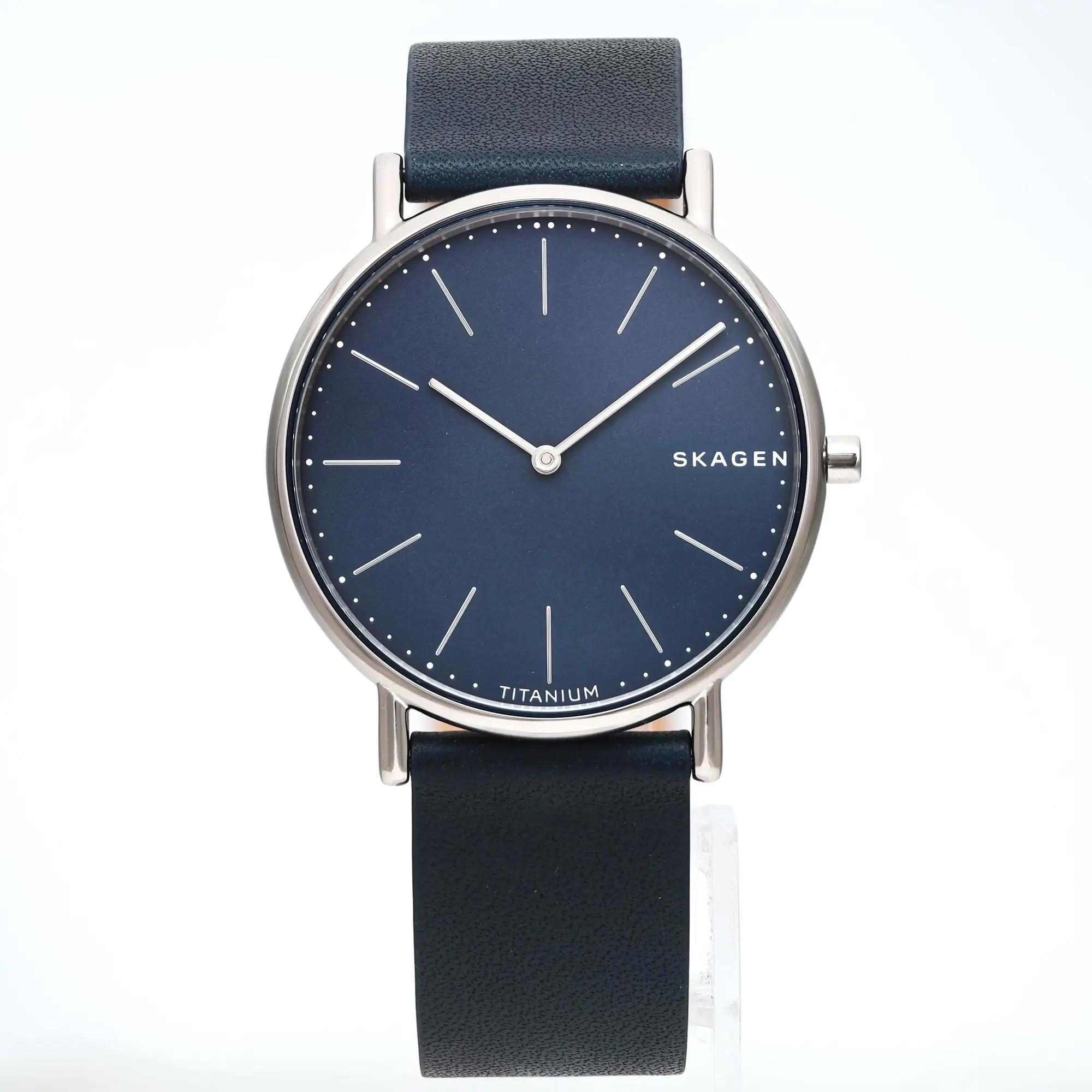 Skagen Signatur Titanium Blue Dial Leather Strap Mens Quartz Watch