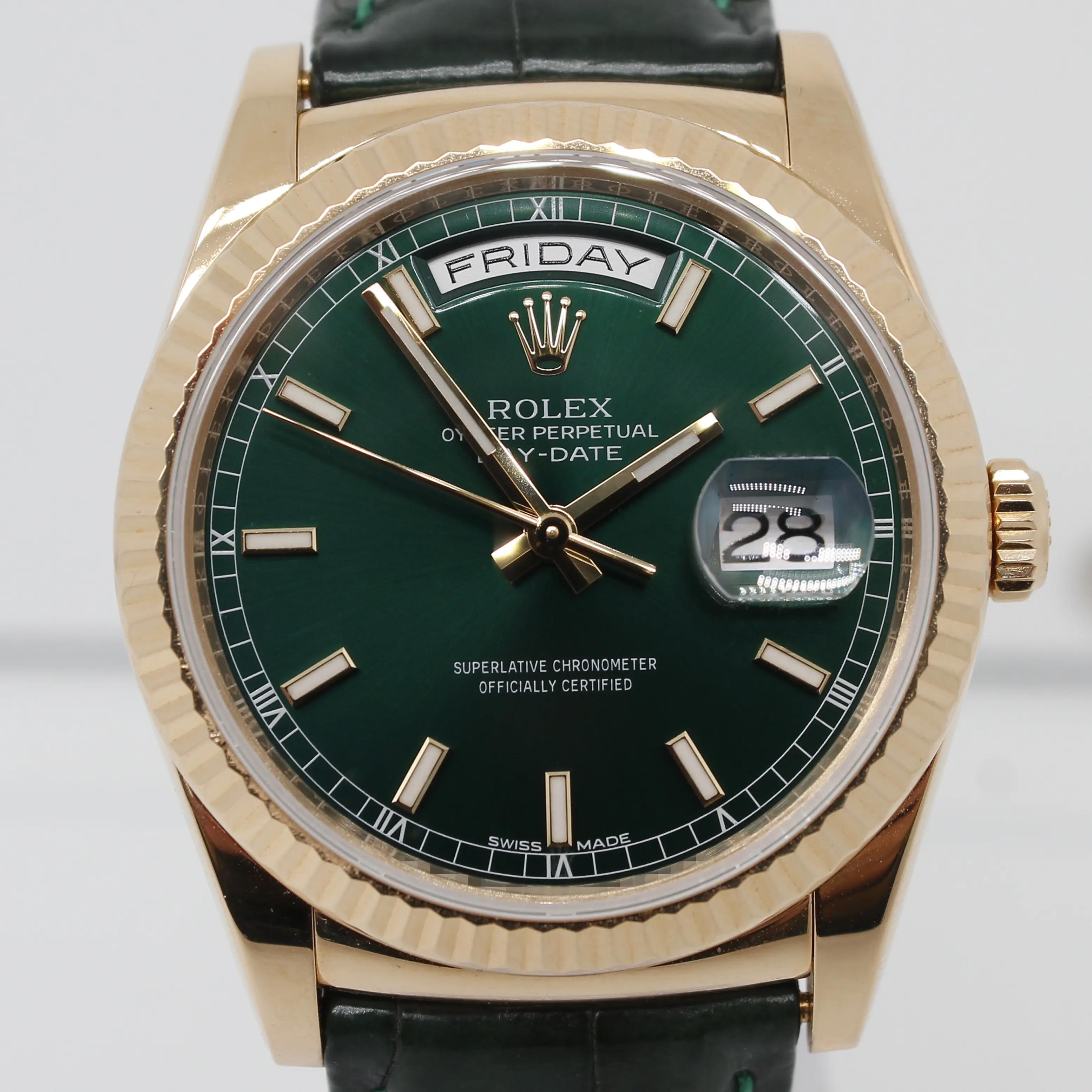 Mint Rolex 118138 Day-Date 36mm 18k Yellow Gold Leather Green