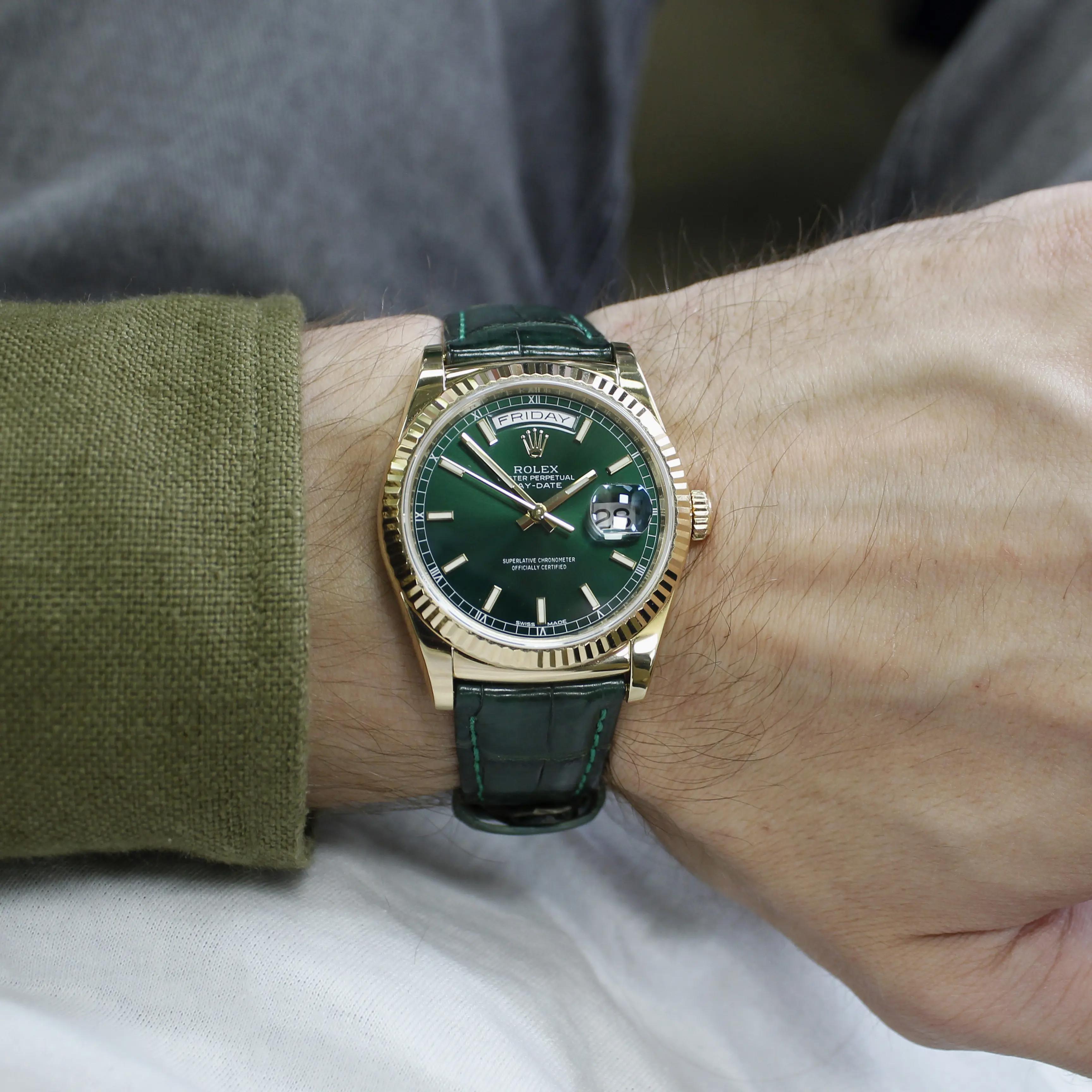 Mint Rolex 118138 Day-Date 36mm 18k Yellow Gold Leather Green