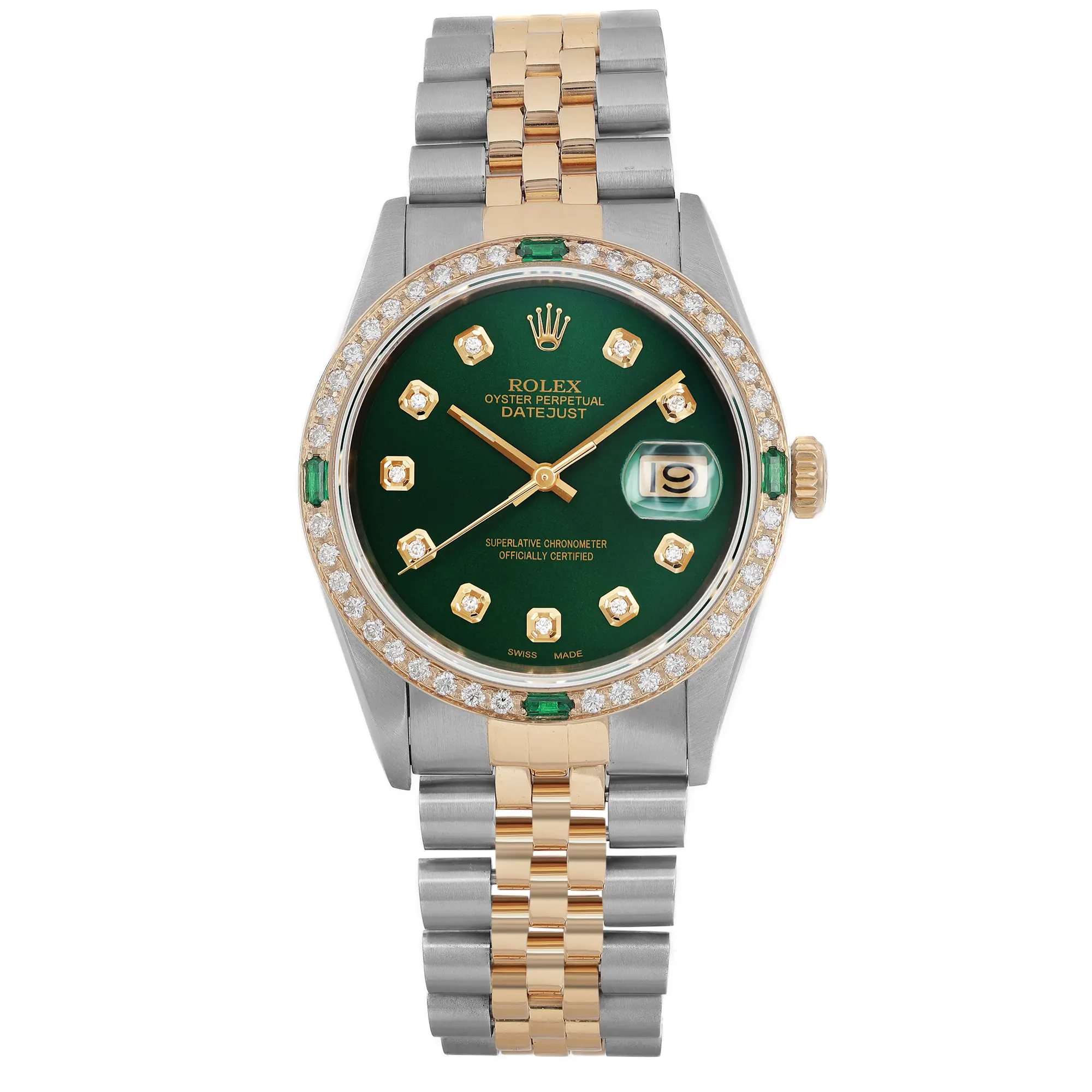 Rolex Datejust 36 18k Yellow Gold Steel Custom Diamond Green Dial