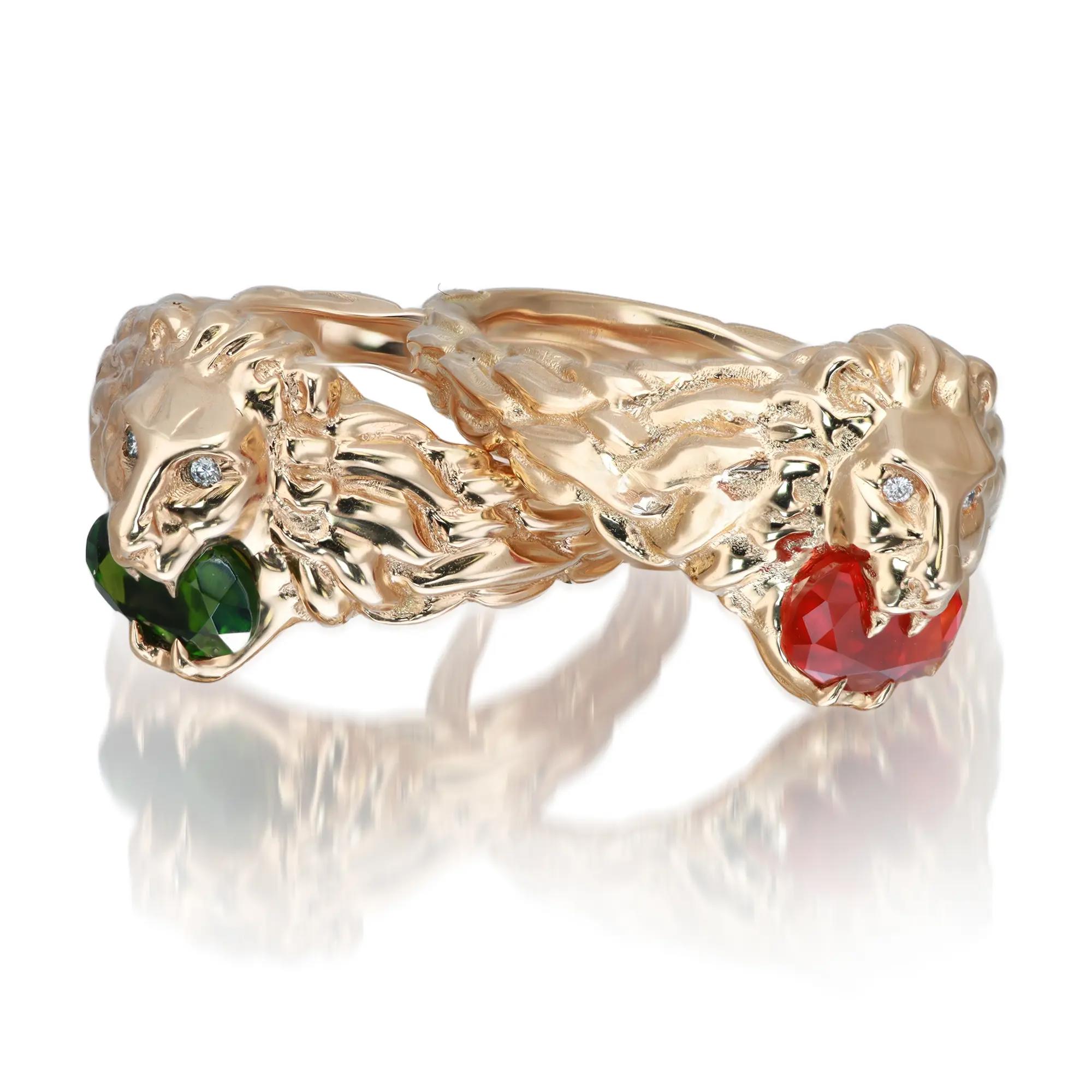 Gucci Lion Head Diamond Chrome Diopside Ring 18K Yellow Gold Size