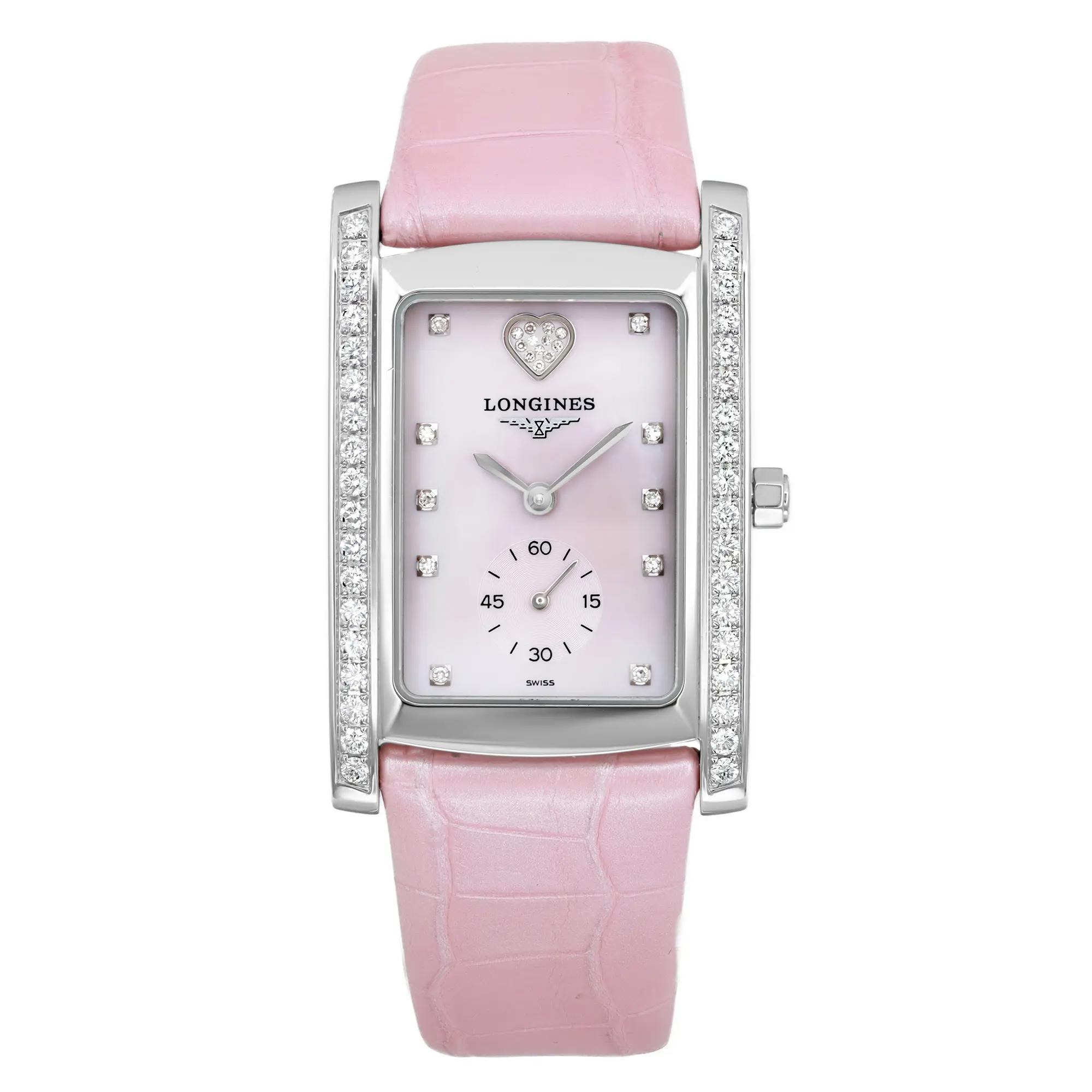 Longines DolceVita Steel Diamond Pink MOP Dial Leather Strap Watch