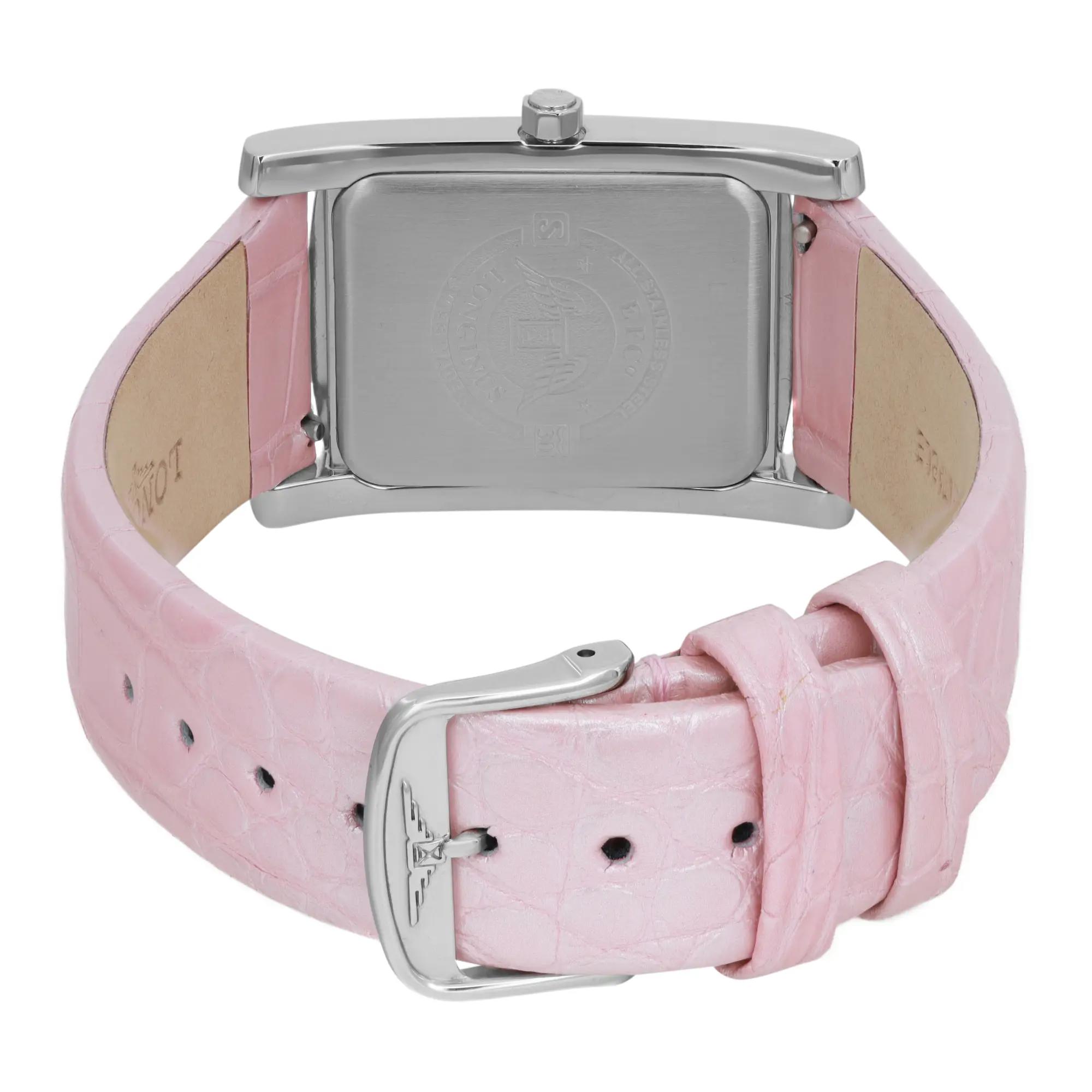 An image of a wristwatch viewed from the back, showcasing a close-up of the clasp. The watch features a rectangular stainless steel case and an unworn pink leather strap with a textured pattern. The strap is positioned horizontally, with the buckle and adjustment holes clearly visible in the foreground. The watch is placed at a slight angle, highlighting the clasp and strap details.