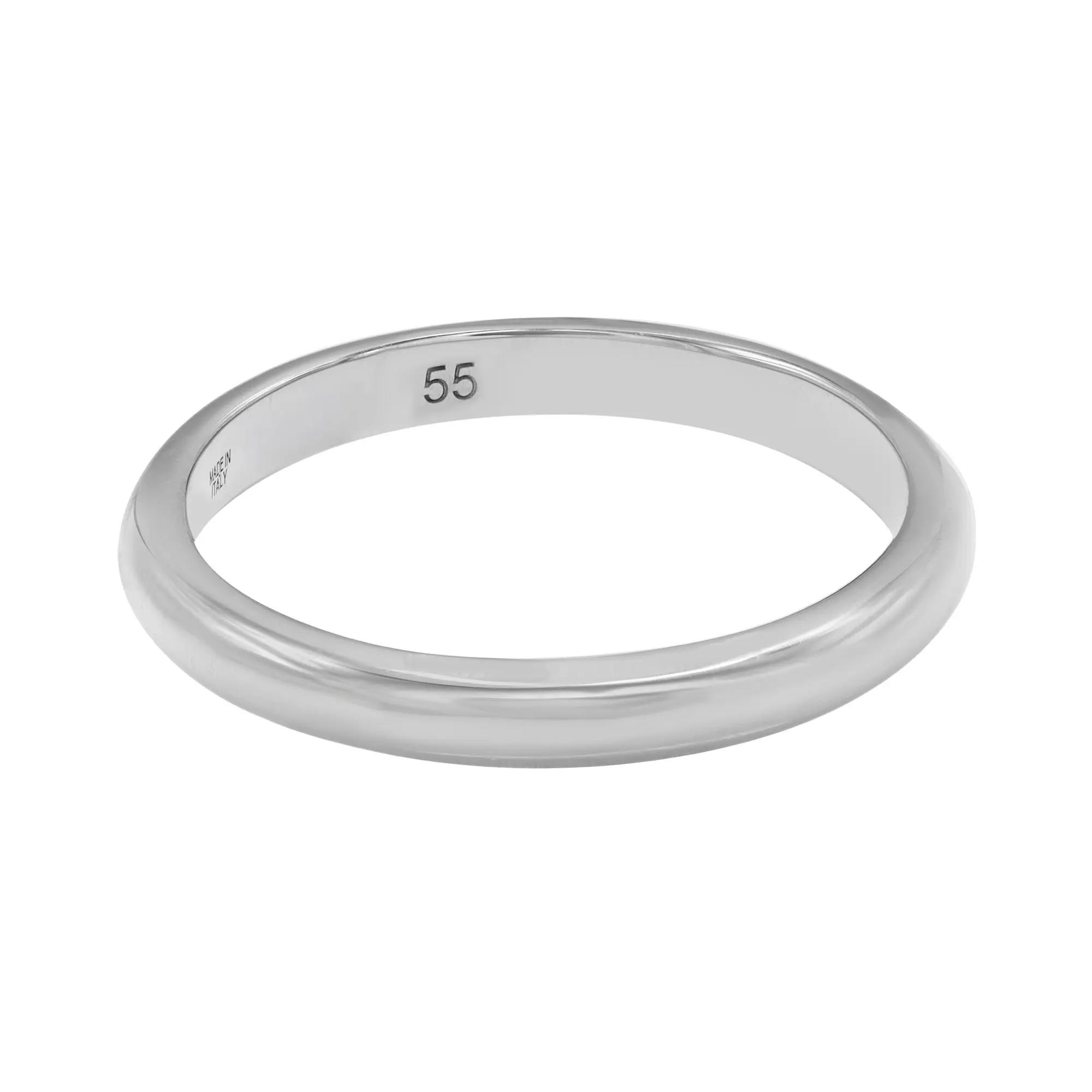 An image of a Bvlgari Feddi wedding band unisex adult ring platinum without stones, displayed at a slight angle to show the inner band's hallmark and size inscription. The ring is centered and occupies the middle of the frame, with a close-up view that highlights its polished silver surface and simple, elegant design.Excellent pre-owned condition.