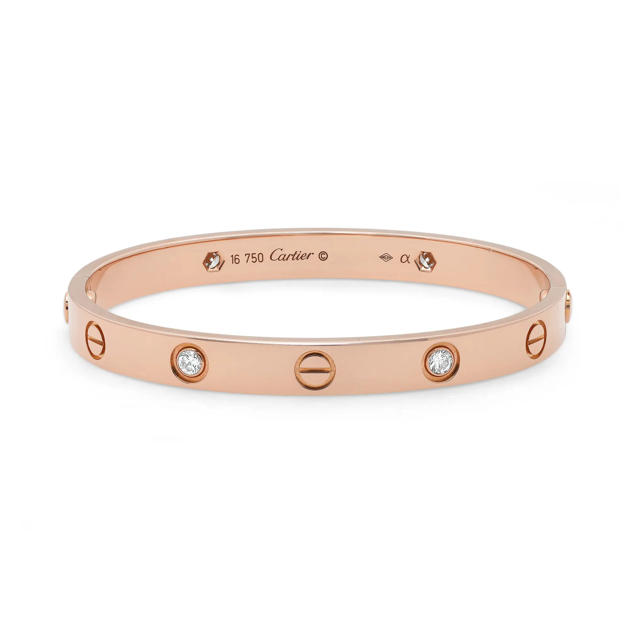 An image of a Cartier women's love bracelet with diamonds, positioned centrally and horizontally in the frame against a white background. The rose gold bracelet features a sleek, circular bangle design in rose gold with round diamond accents and Cartier's signature screw motifs. The bracelet is shown in a close-up view, capturing the shine of the polished metal and the sparkle of the diamonds. Comes in a great preowned condition.