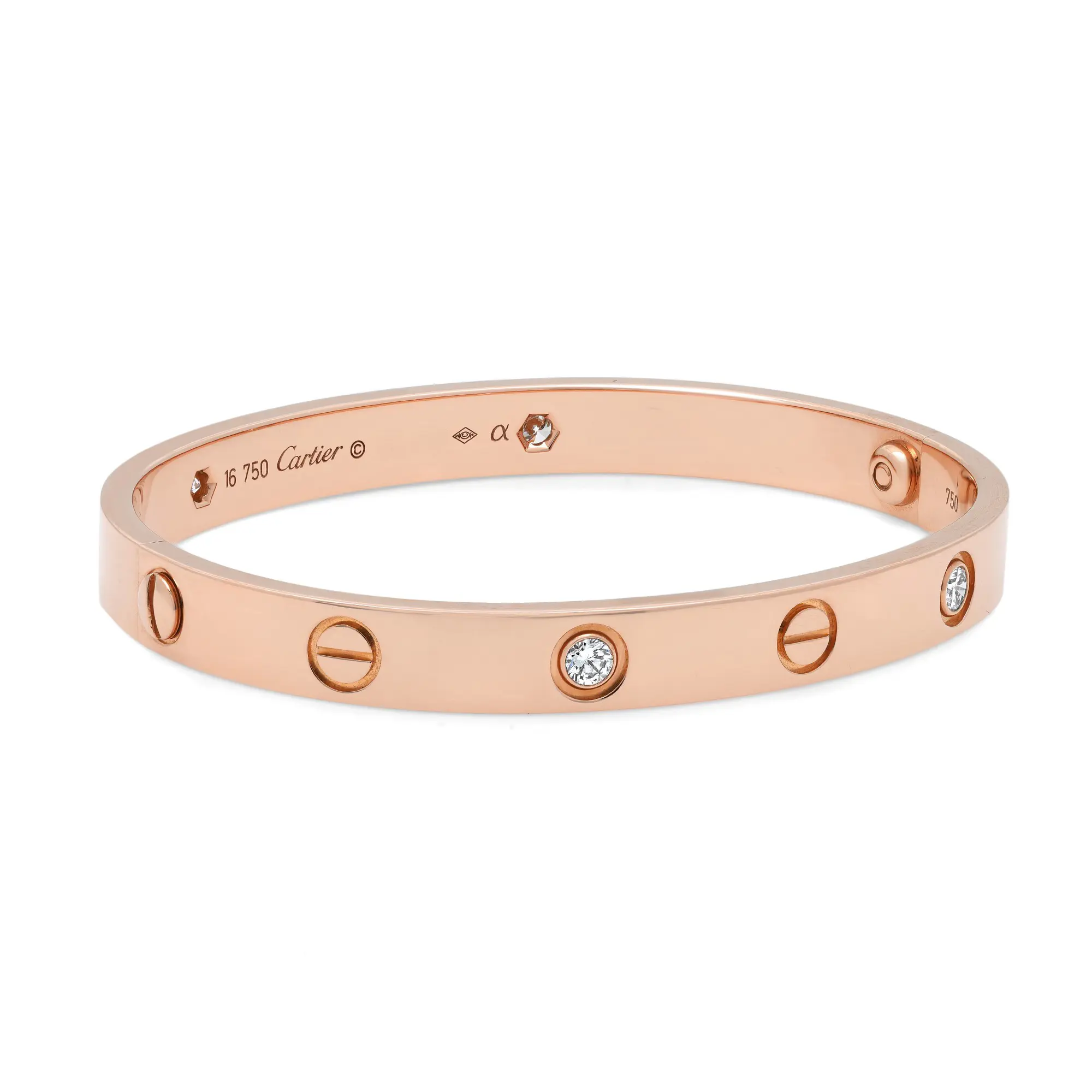 An image of a Cartier women's love bracelet with diamonds, displayed in a close-up, front-facing view. The bracelet is centered and photographed at eye level against a white background, showcasing its rose gold bracelet with evenly spaced, circular diamond accents within circular cut-outs around the band. The Cartier logo and hallmark engravings are visible on the outer surface of the bracelet. Comes in great preowned condition.
