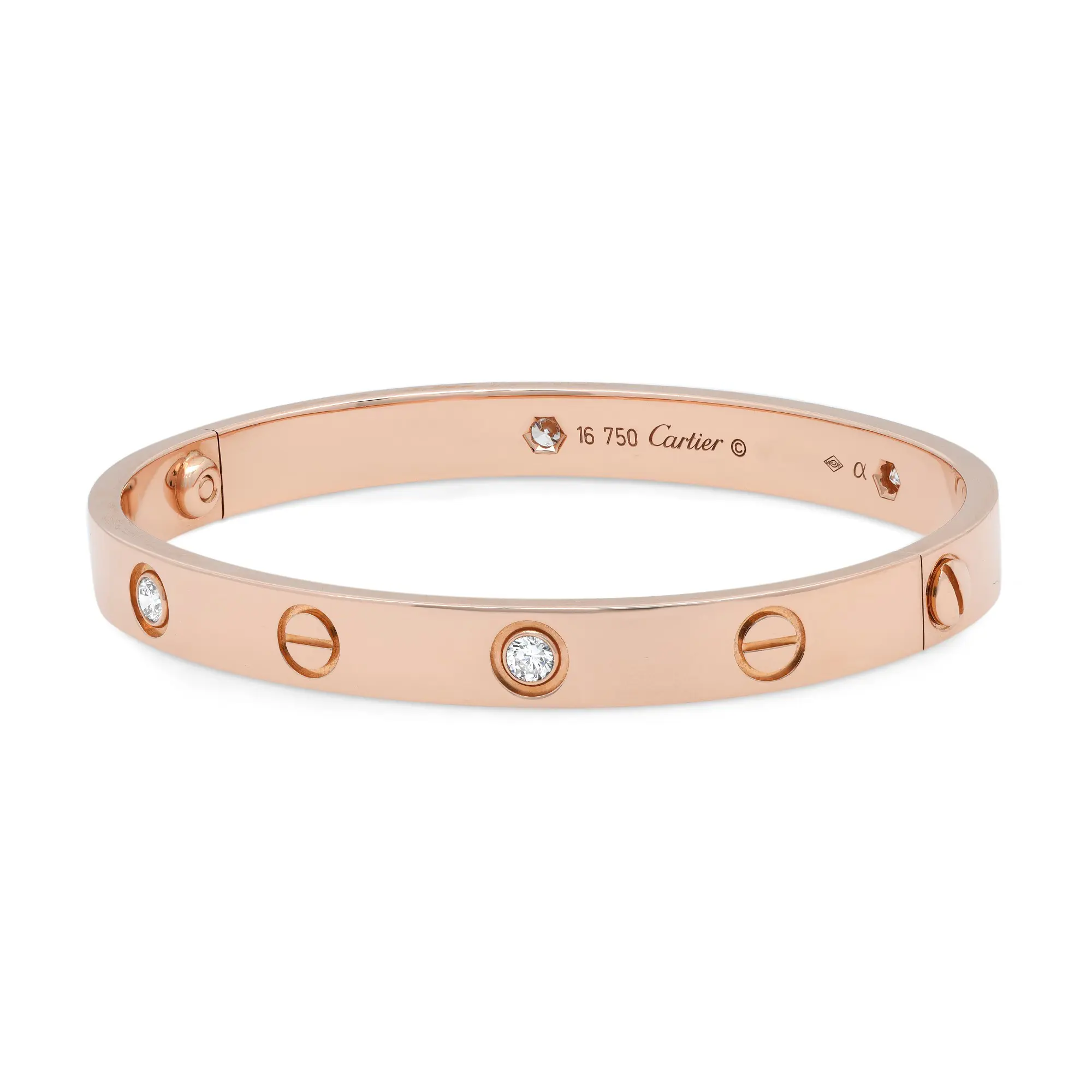 An image of a Cartier women's love bracelet with diamonds, displayed in a close-up, front-facing view. The bracelet is centered and photographed at eye level against a white background, showcasing its rose gold bracelet with evenly spaced, circular diamond accents within circular cut-outs around the band. The Cartier logo and hallmark engravings are visible on the outer surface of the bracelet. Comes in great preowned condition.