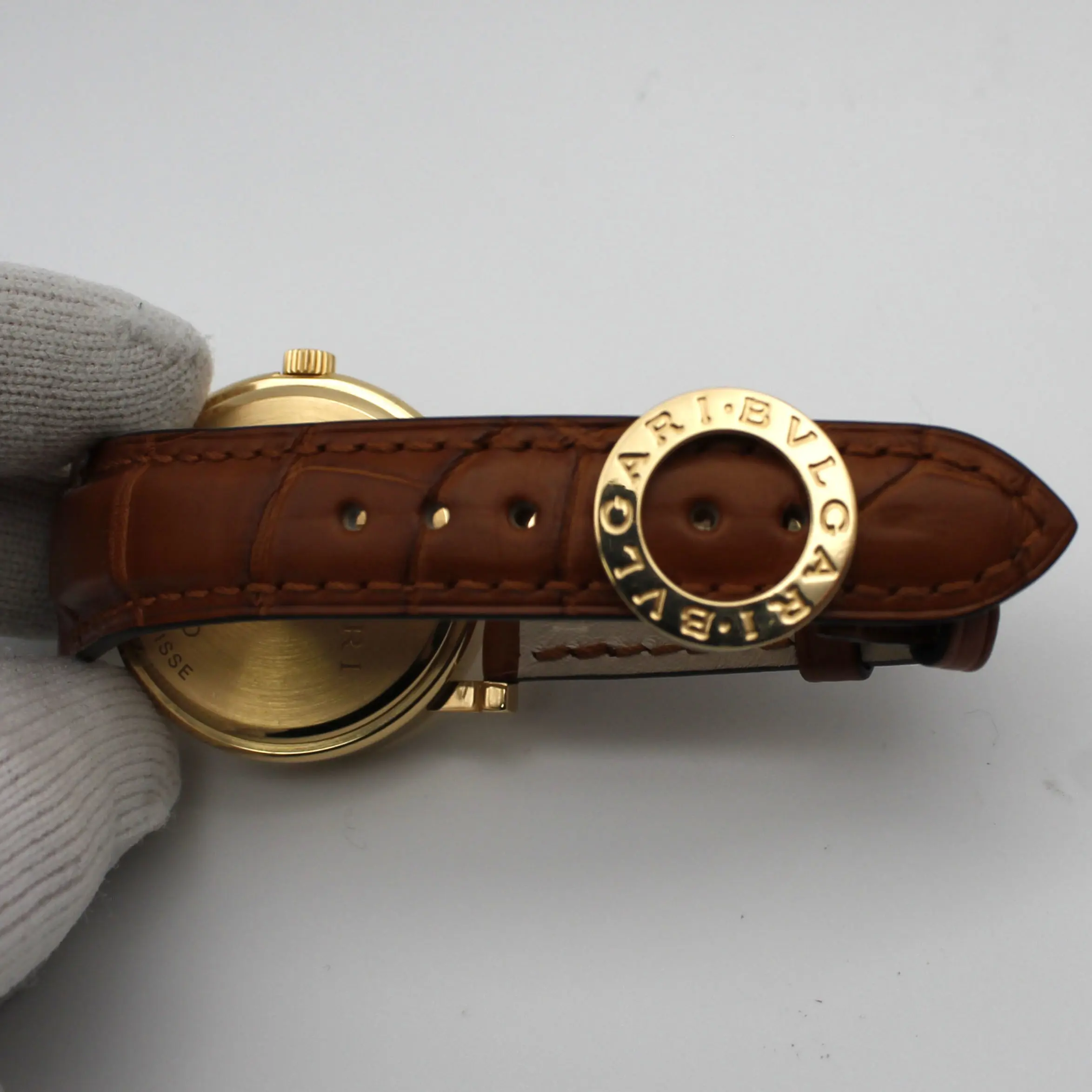 Bvlgari 33mm 18k Yellow Gold White Dial Leather Strap Automatic