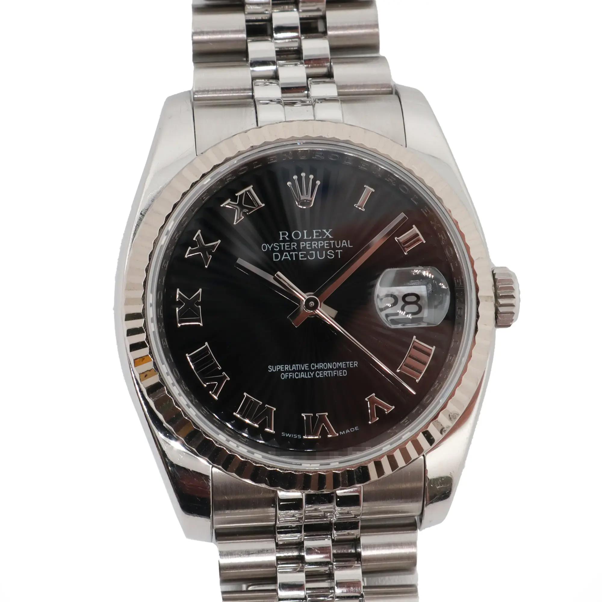 2000s Rolex 116234 Datejust 36 18K White Gold Steel Roman Black