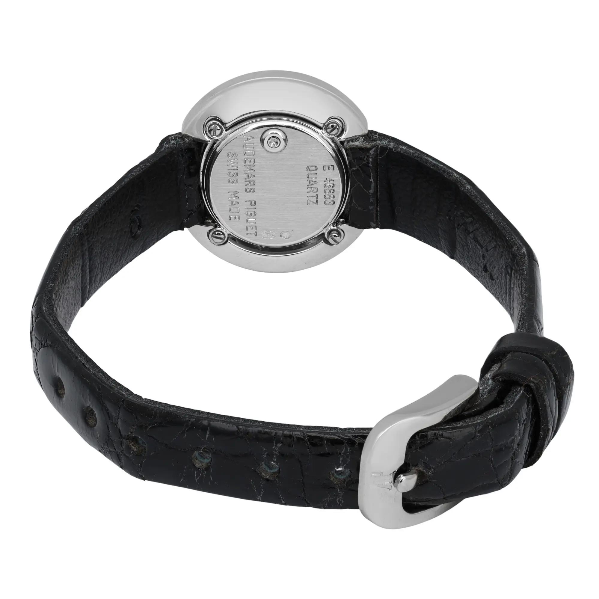 Back View Of Screwback Back Case And Closed Leather Band Of Audemars Piguet 67366BC.Y.0065RA.01 Watch Pre Owned Condition