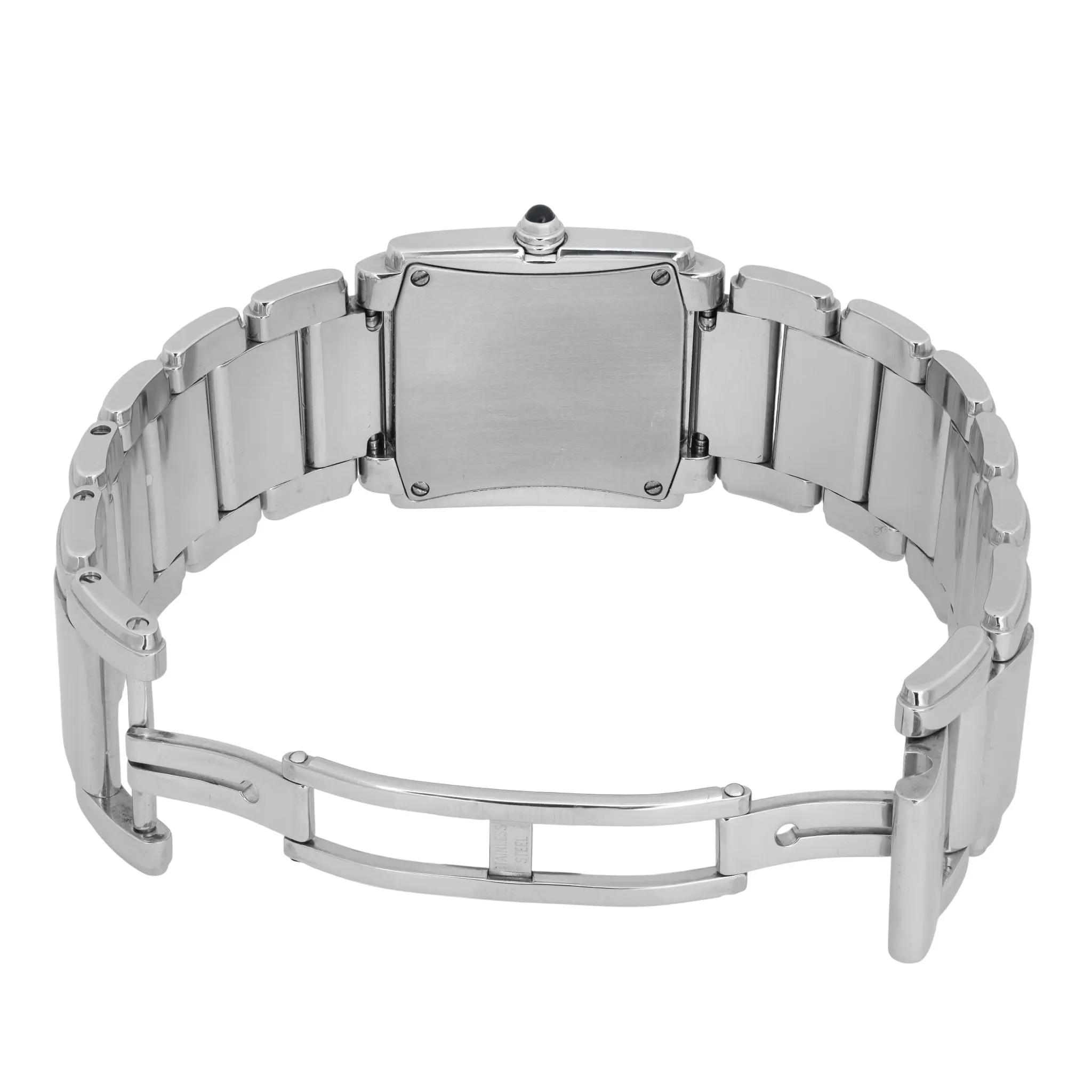 An image of a pre-owned Patek Philippe women's wristwatch taken from a rear angle, showcasing the back of the watch case and bracelet. The metallic bracelet is fully extended, and the focus is on the watch's clasp and links. The watch features luminous hands, although they are not visible from this angle. The image is captured from a close distance, highlighting the polished metal finish and craftsmanship.