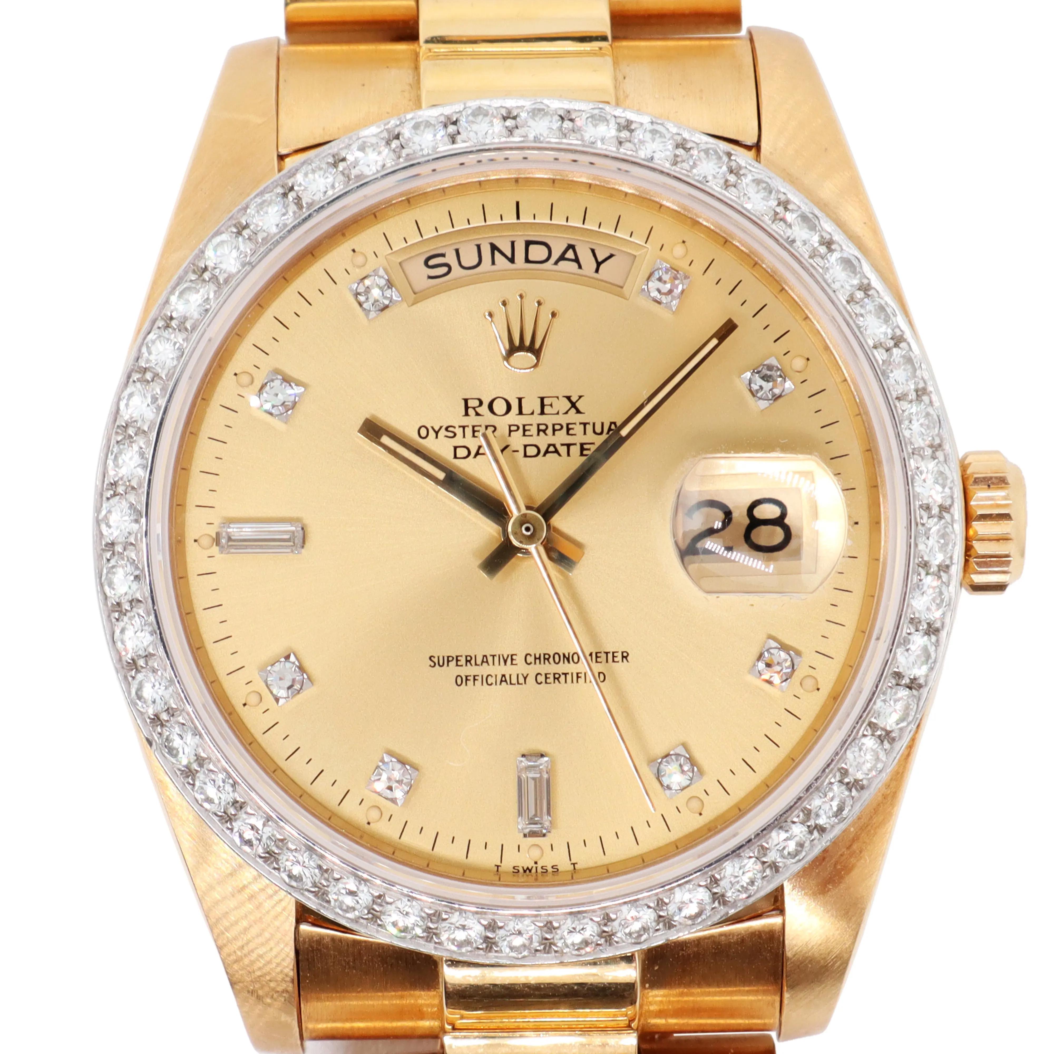 1980s Vintage Rolex 18048 Day-Date 36mm 18K Yellow Gold Diamond