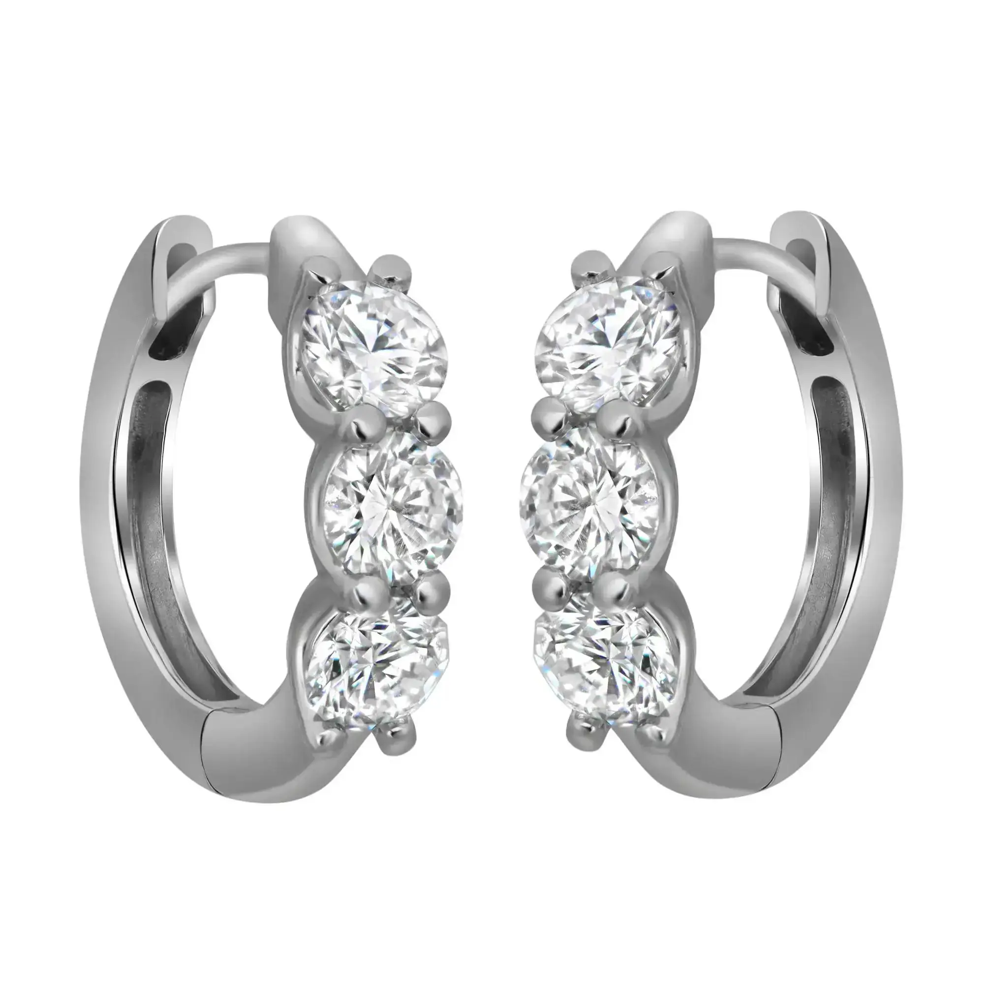 Three Stone Round Cut Lab Grown Diamond Huggie Earrings 14K White Gold 1.02Cttw