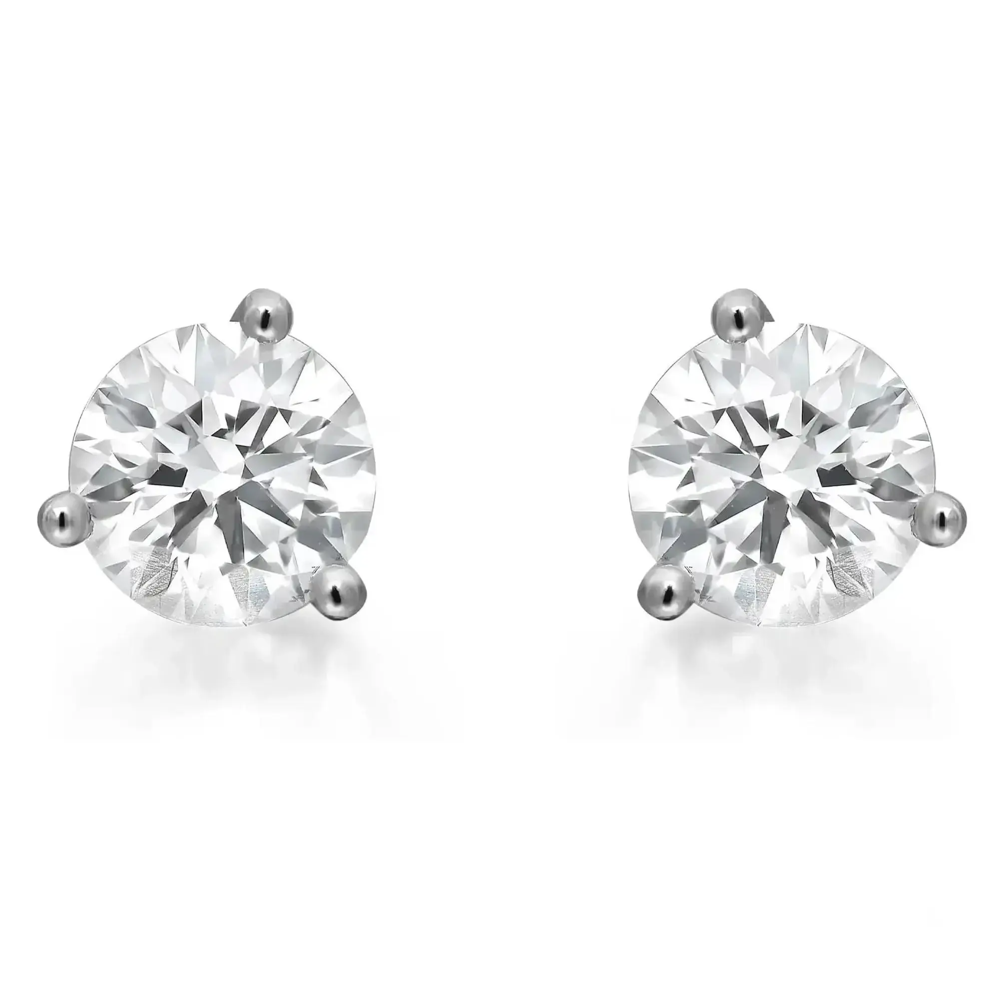 Round Cut Lab Grown Diamond Three Prong Stud Earrings 14K White Gold 2.01Cttw
