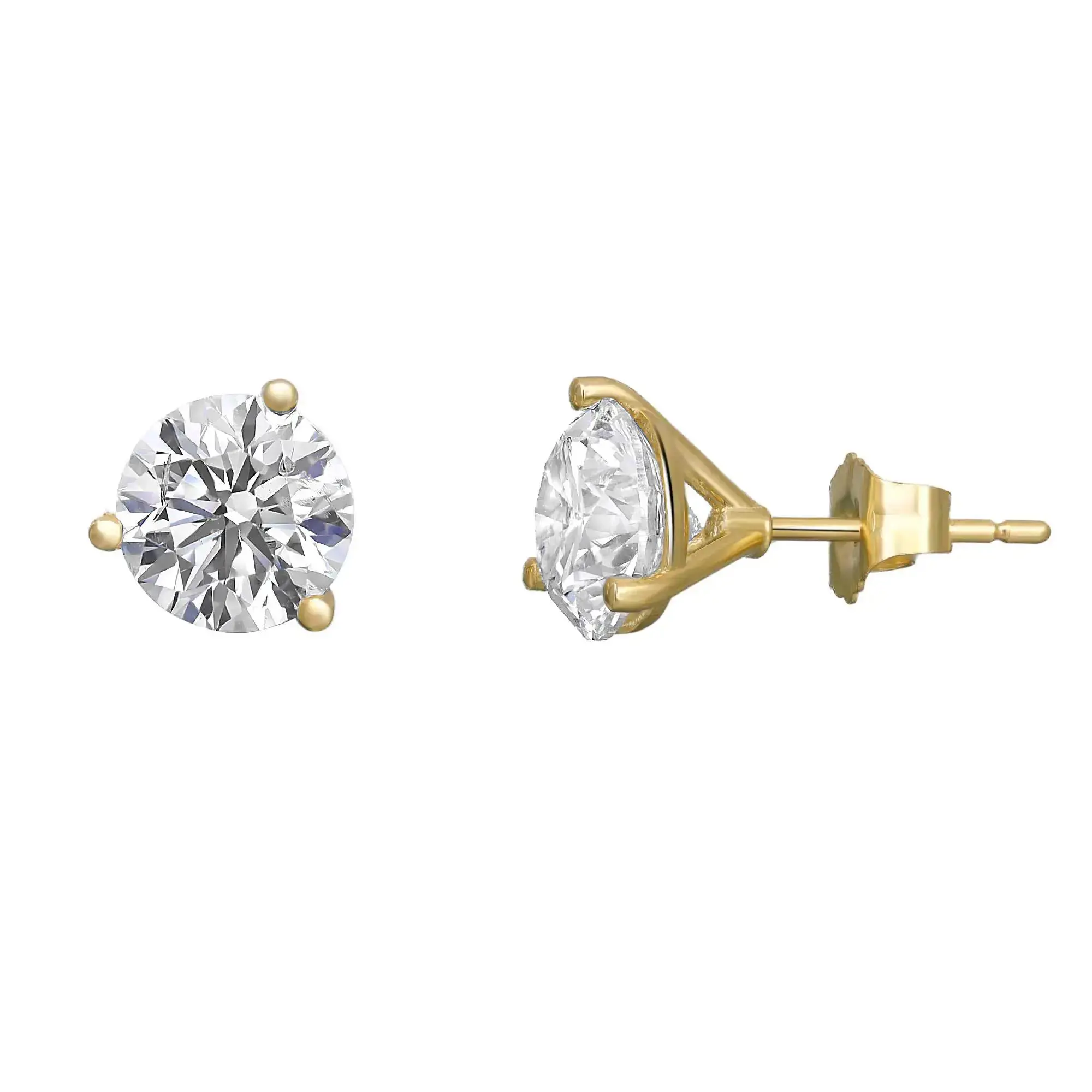 Three Prong Round Cut Lab Grown Diamond Stud Earring 14K Yellow Gold 2.10Ctw