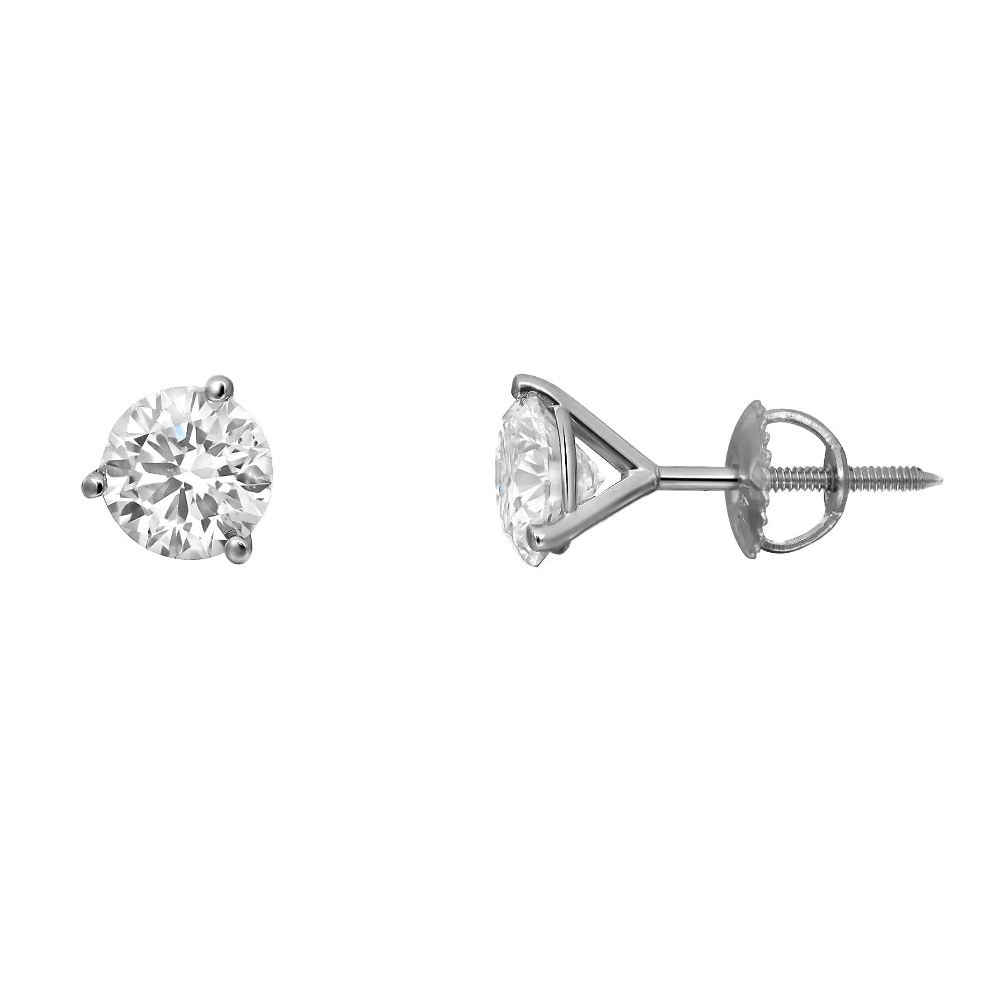 Three Prong Round Cut Lab Grown Diamond Stud Earrings 14K White Gold 1.48Cttw