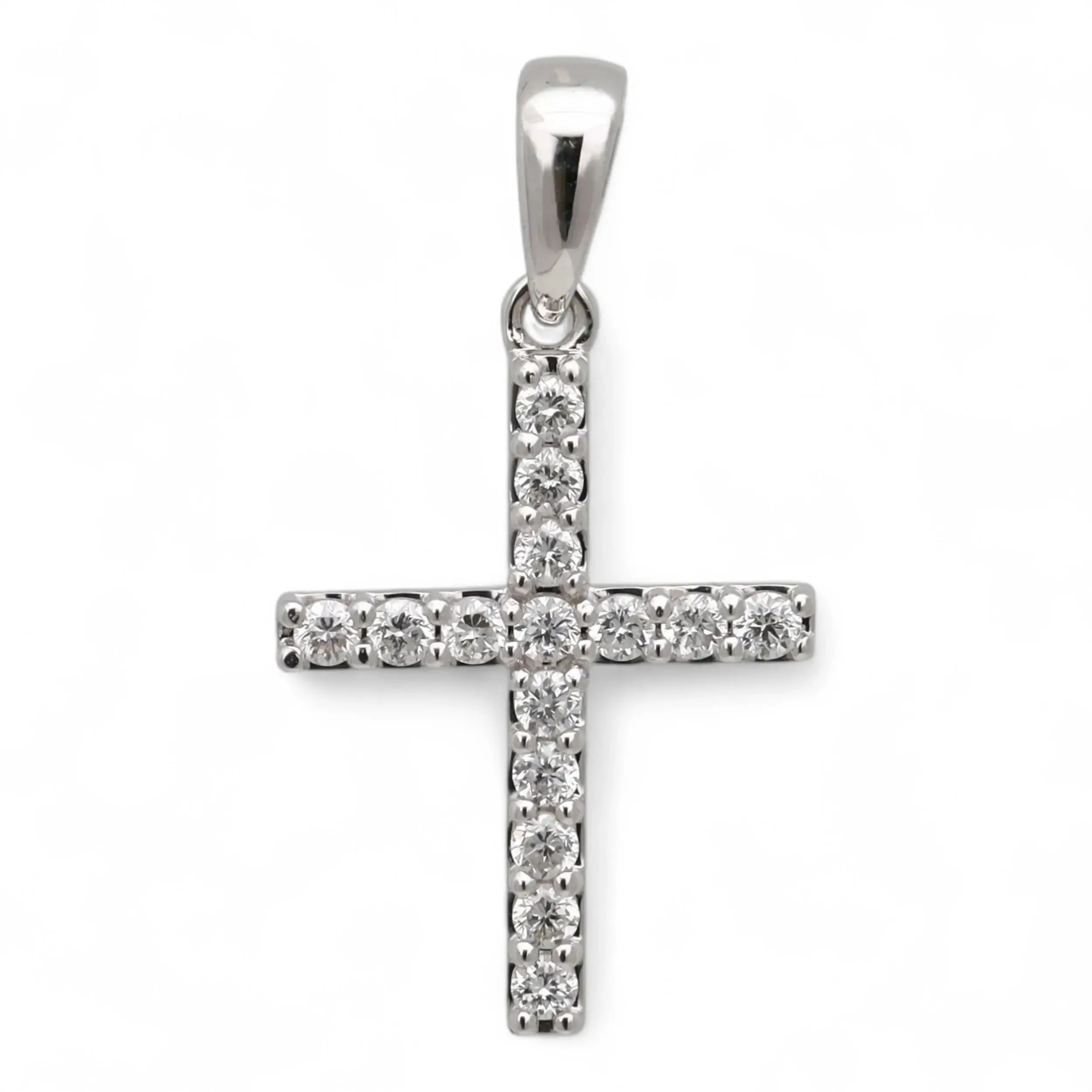 Round Cut Lab Grown Diamond Cross Pendant 14K White Gold 0.12Ctw