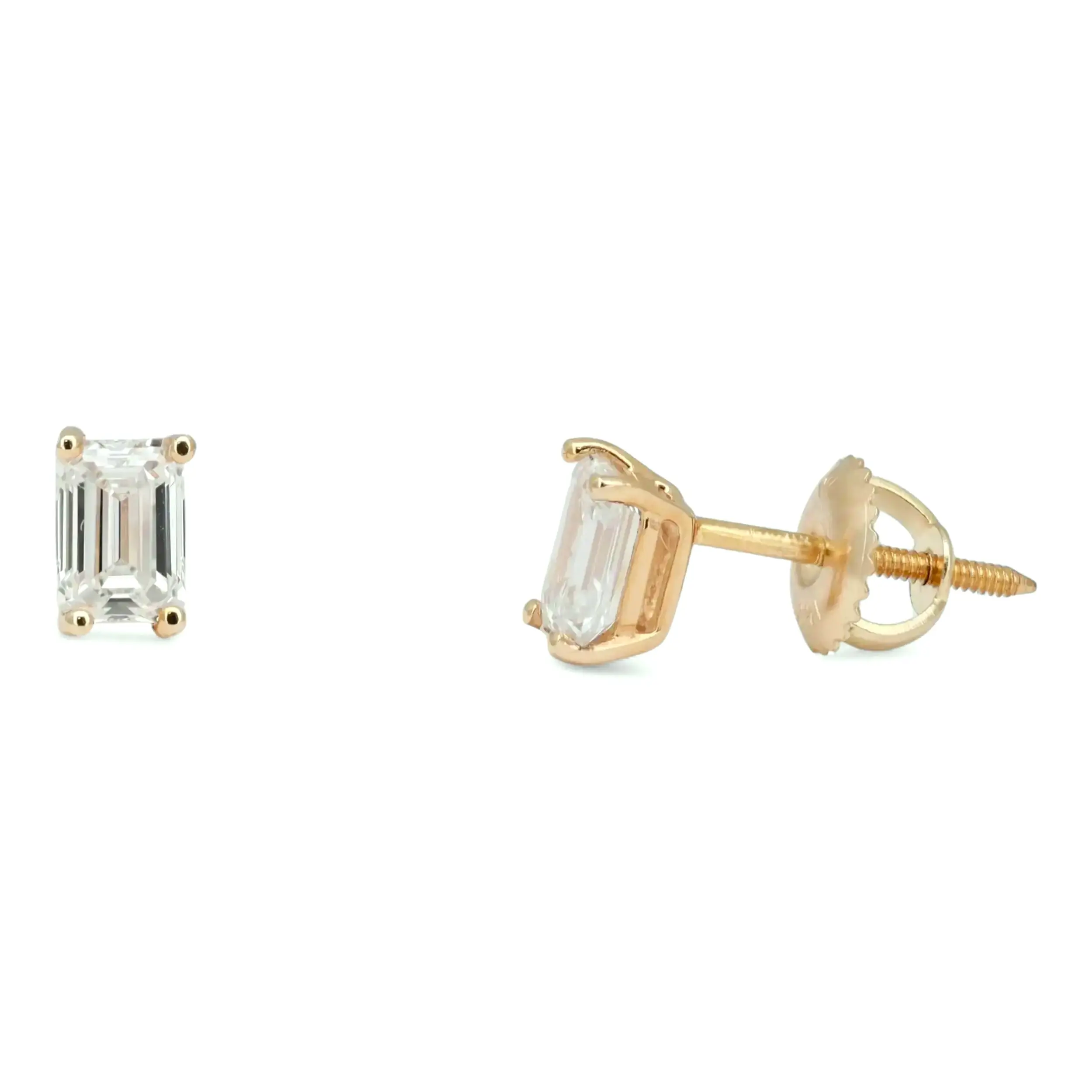 Emerald Cut Four Prong Lab Grown Diamond Stud Earrings 14K Yellow Gold 1.01Cttw