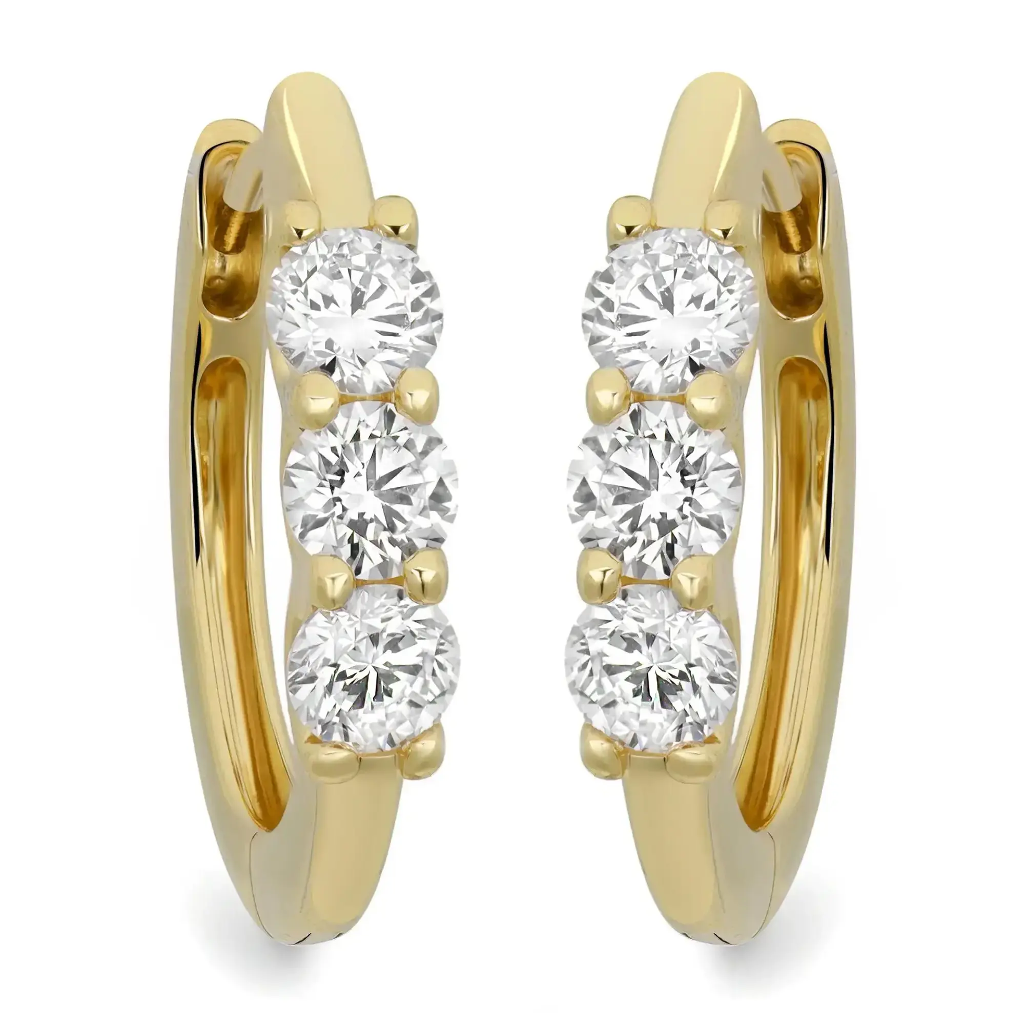 Three Stone Round Cut Lab Grown Diamond Huggie Earrings 14K Yellow Gold 1.01Ctw