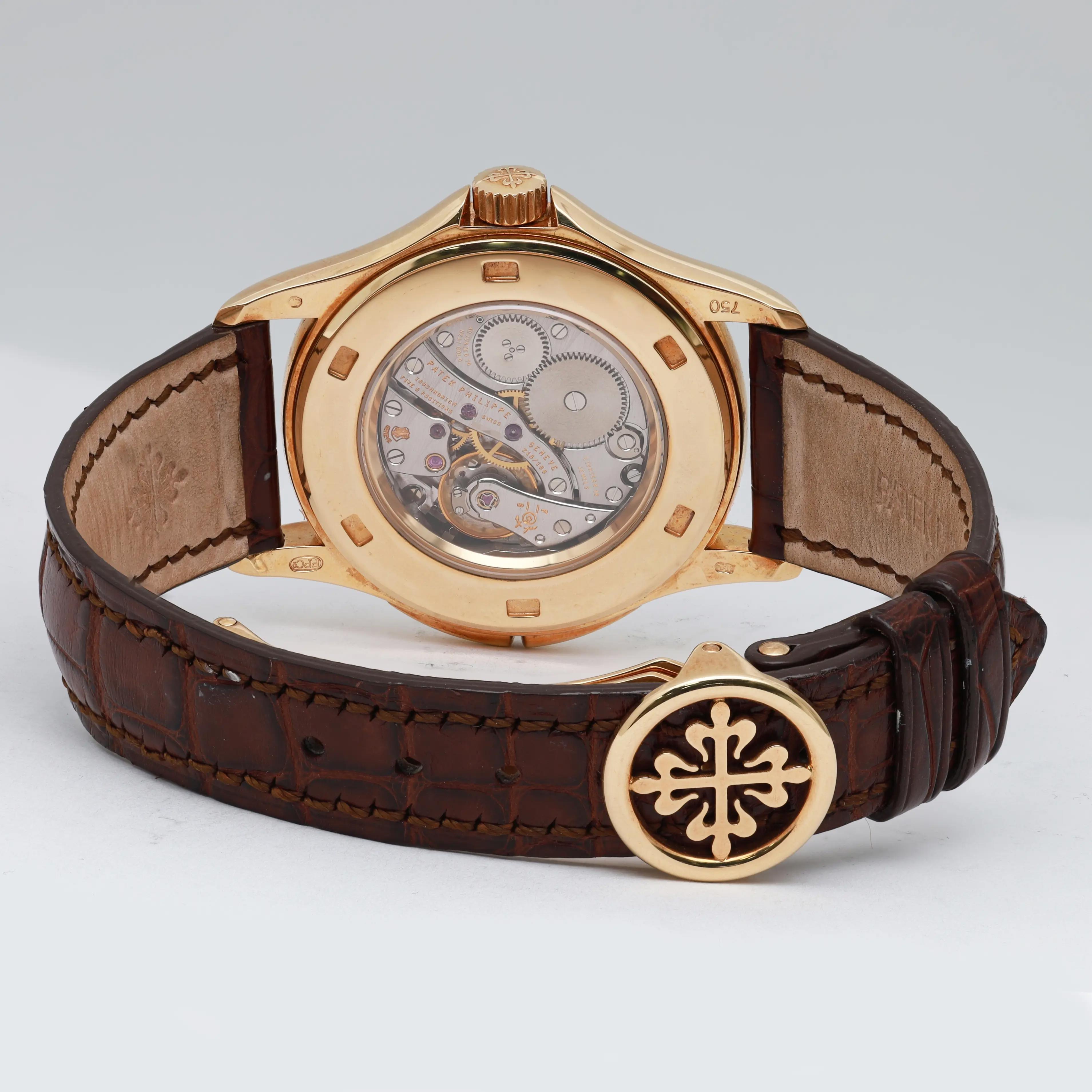 Back View Of Exhibition Back Case And Closed Leather Band Of Patek Philippe 5134J Watch Pre Owned Condition